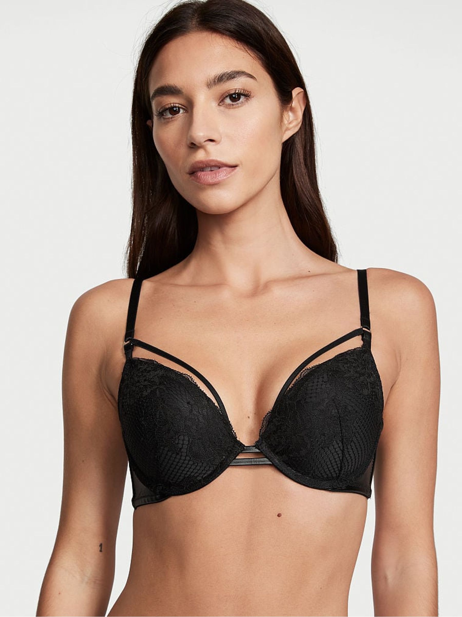 Black Push Up Strappy Fishnet Lace Bra - Image 1 of 3