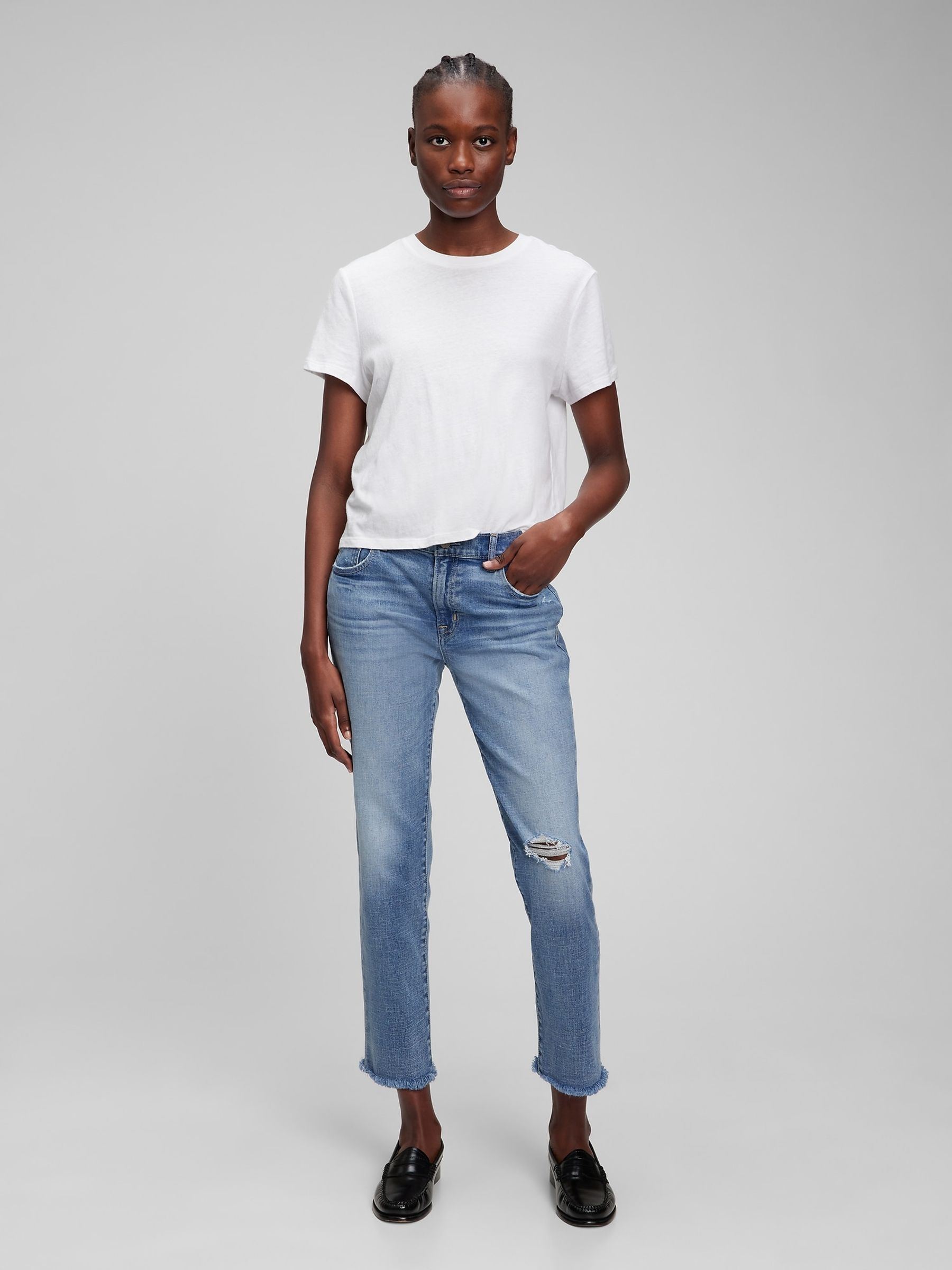 Mid Rise Rip Knee Girlfriend Jeans - Image 1 of 4
