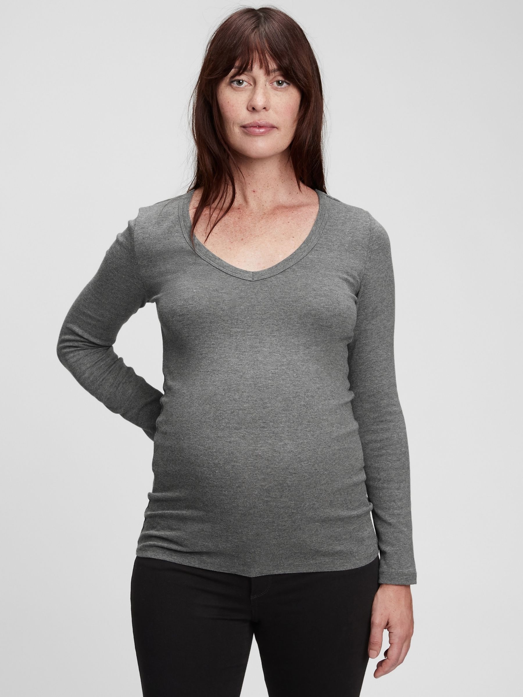Grey Maternity Modern Long Sleve V-Neck T-Shirt - Image 1 of 1