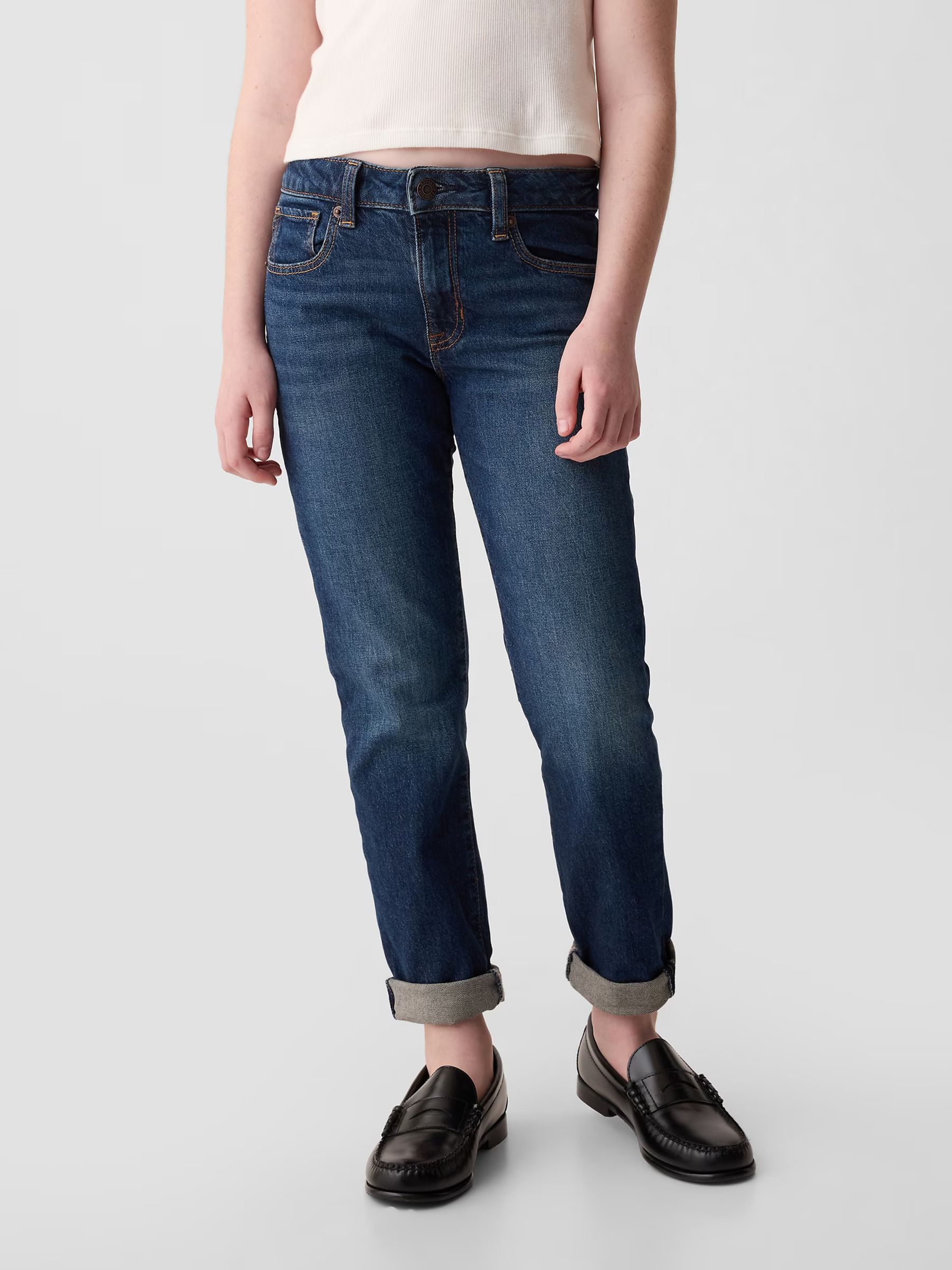 Dark Wash Blue Mid Rise Stretch Girlfriend Jeans (4-16yrs) - Image 7 of 11