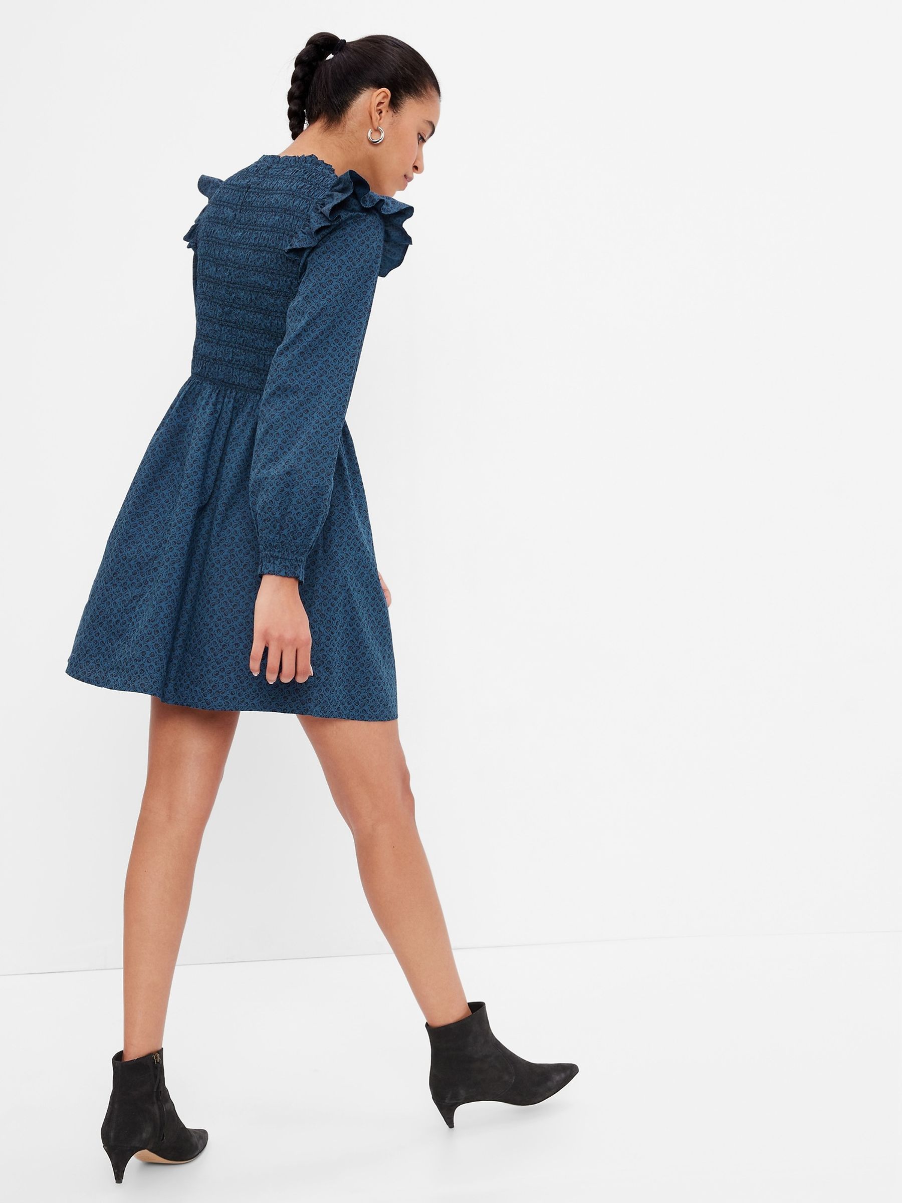 Blue Smocked Ruffle Long Sleeve Mini Dress - Image 4 of 5
