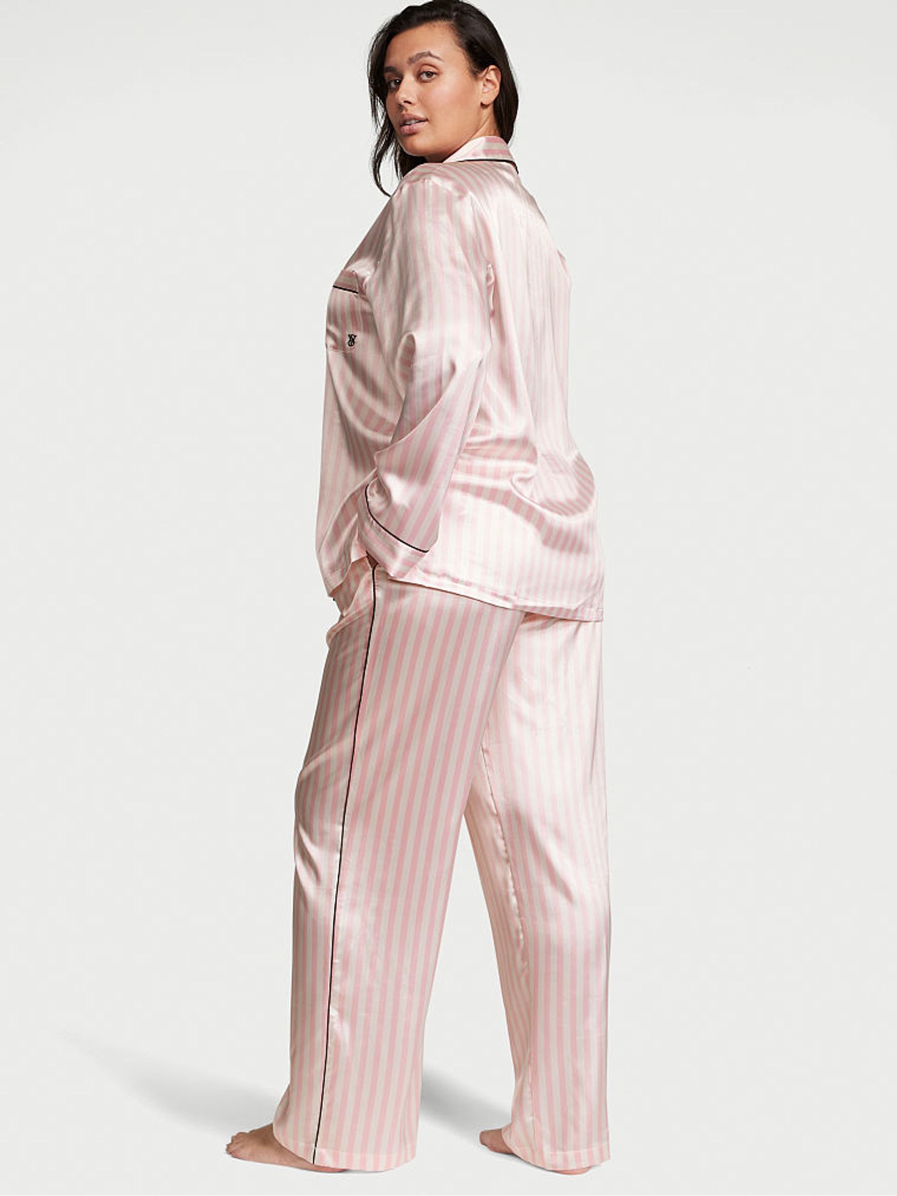 Pink Iconic Stripe Satin Long Pyjama Set - Image 2 of 3