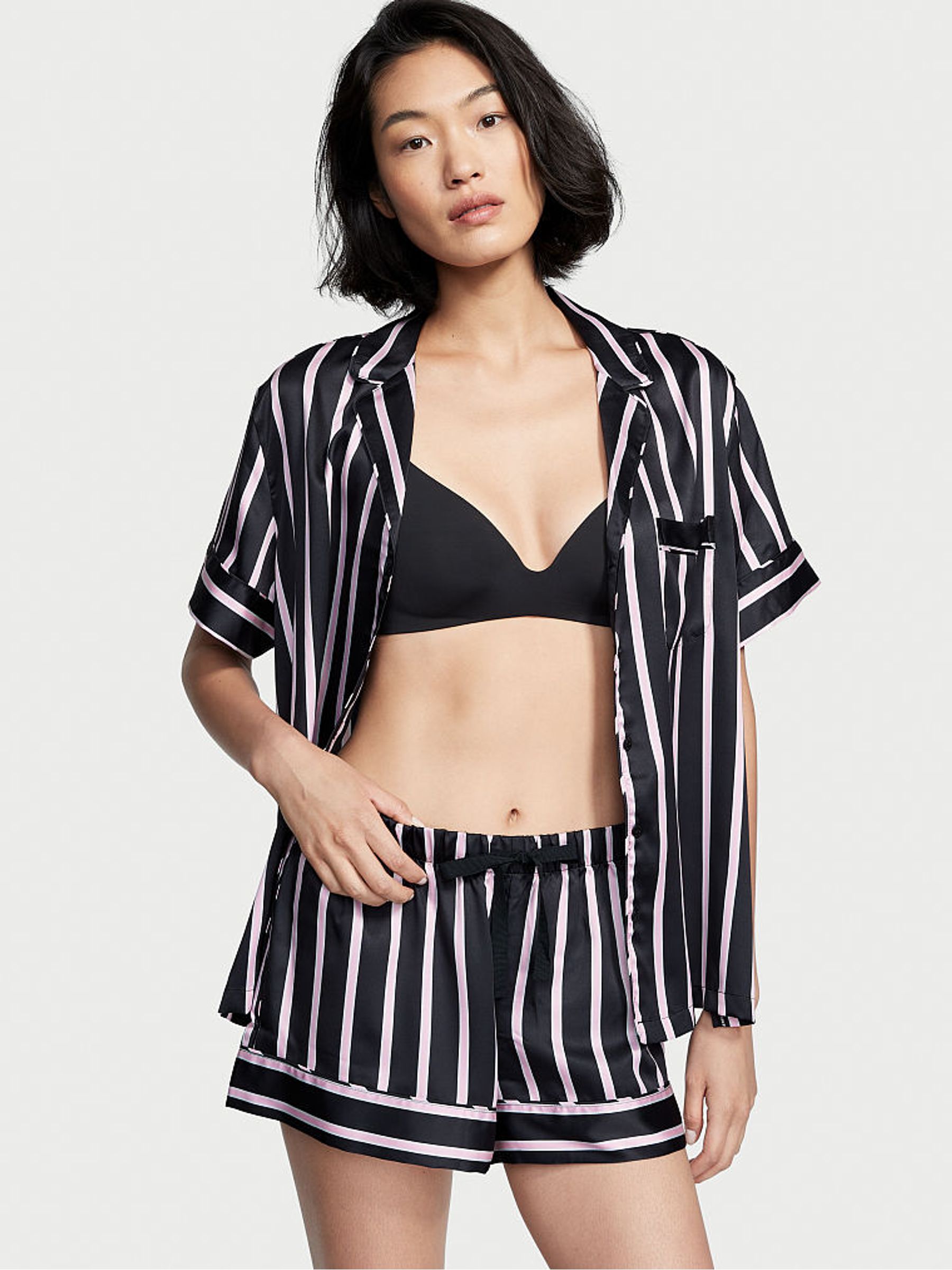Black Classic Stripe Satin Short Pyjamas - Image 1 of 3
