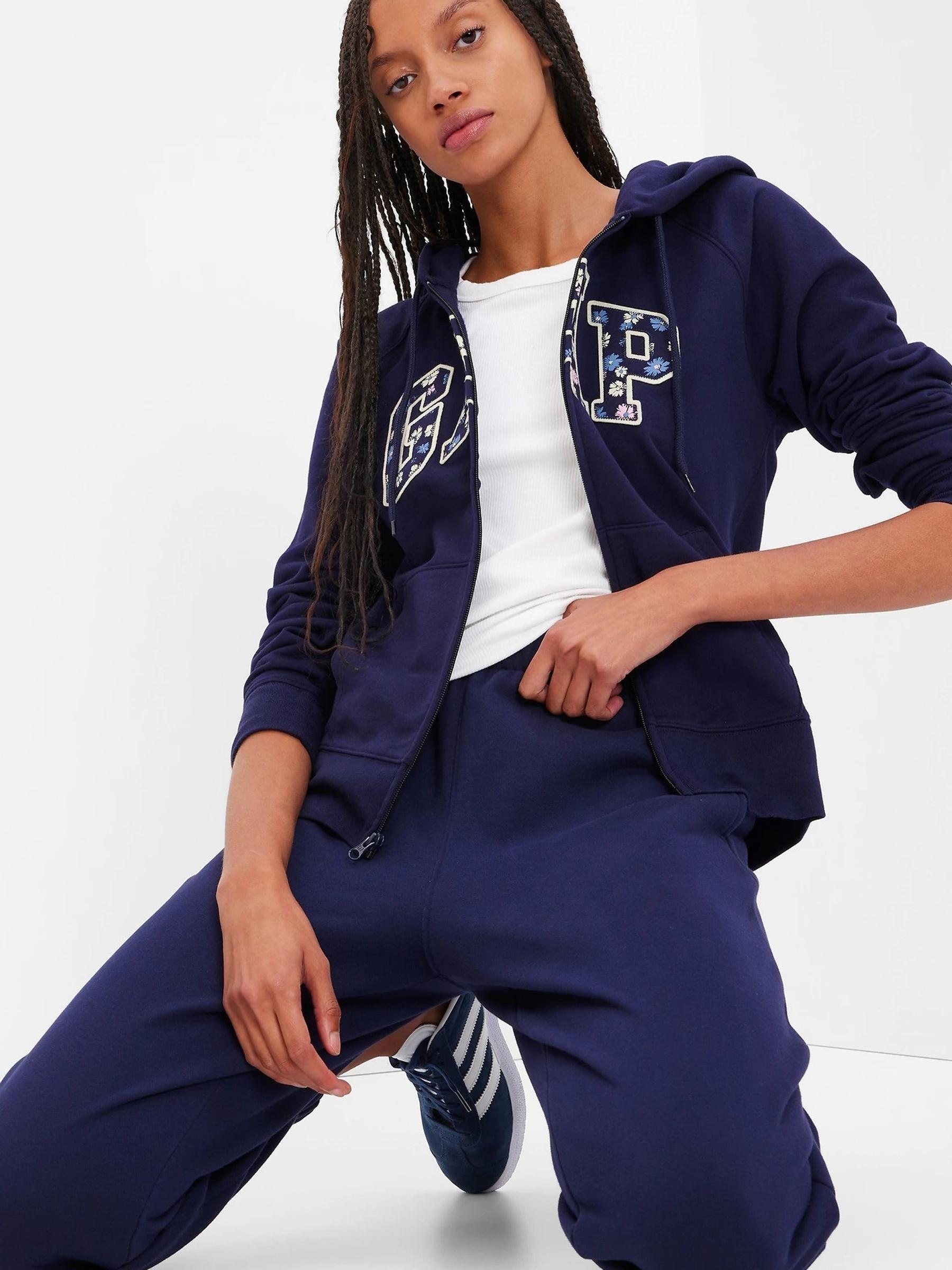 Navy Blue Floral Stictch Detail Logo Zip Up Hoodie - Image 1 of 1