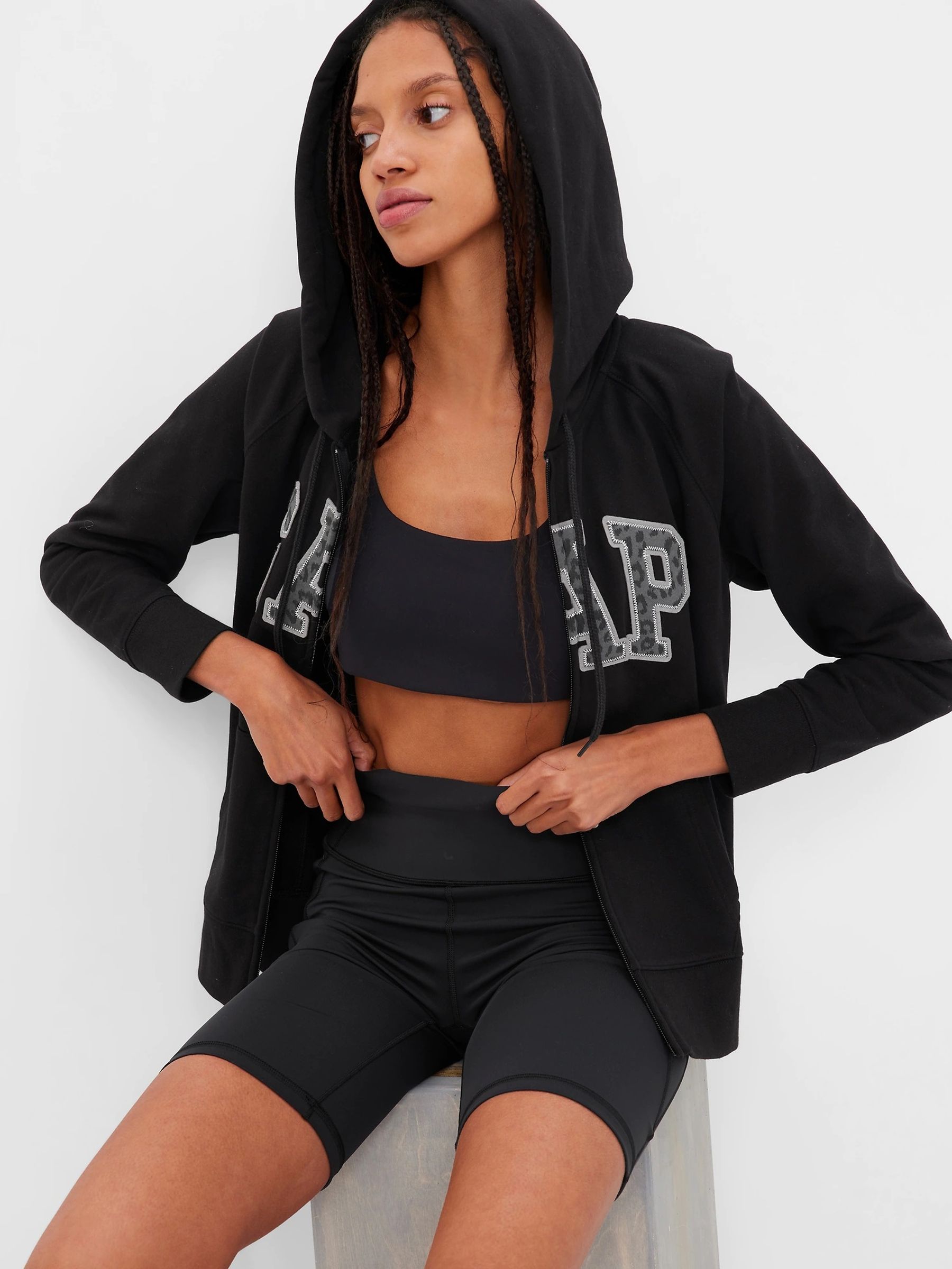 Black Leopard Print Stictch Detail Logo Zip Up Hoodie - Image 1 of 1