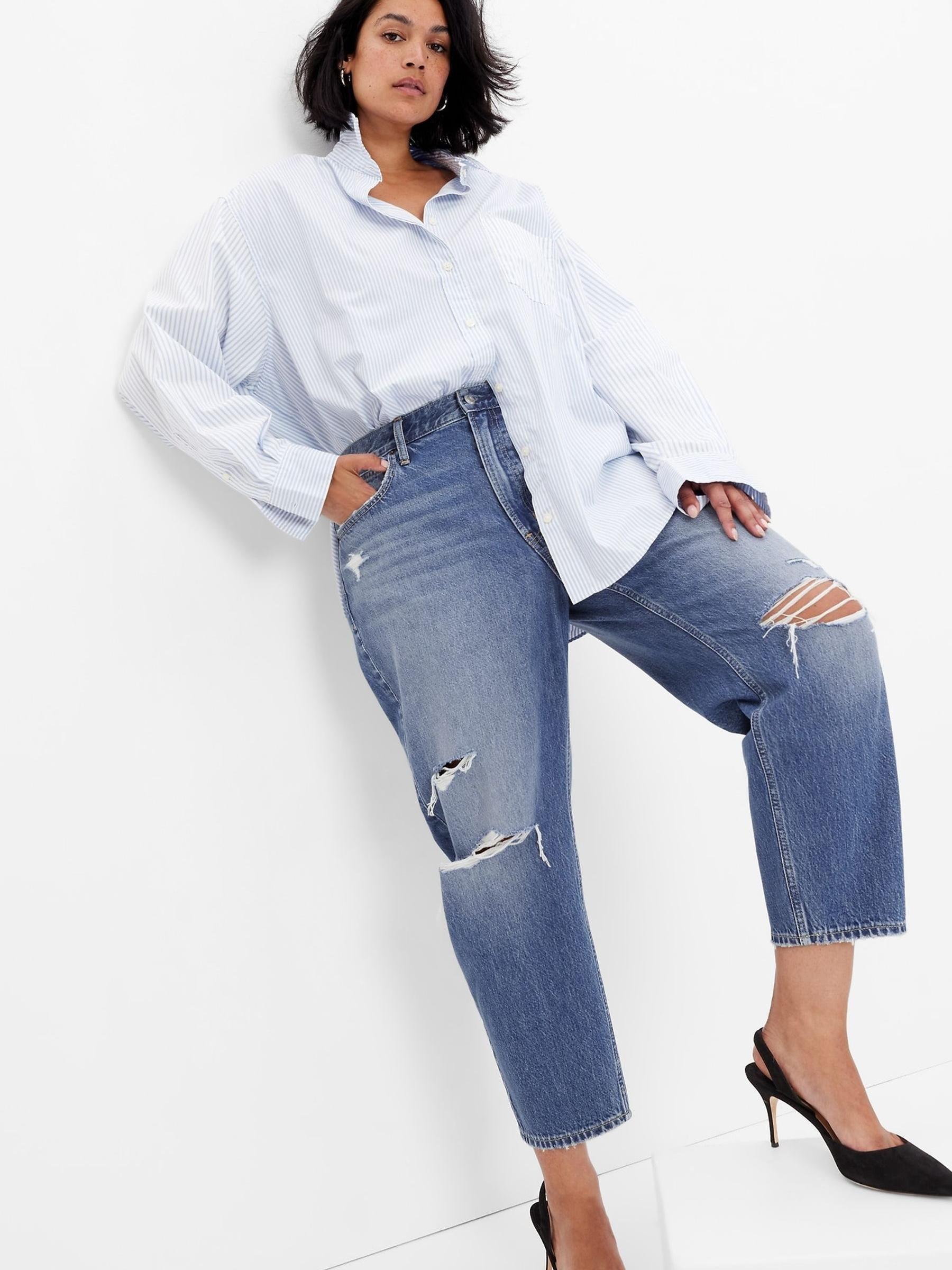 Mid Wash Blue High Waisted Ripped Mom Jeans - Image 1 of 1