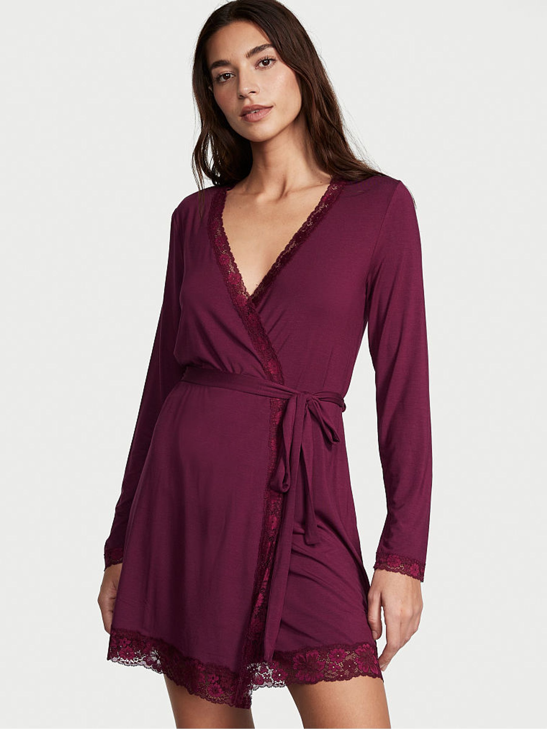 Kir Purple Modal Lace Trim Robe - Image 1 of 3