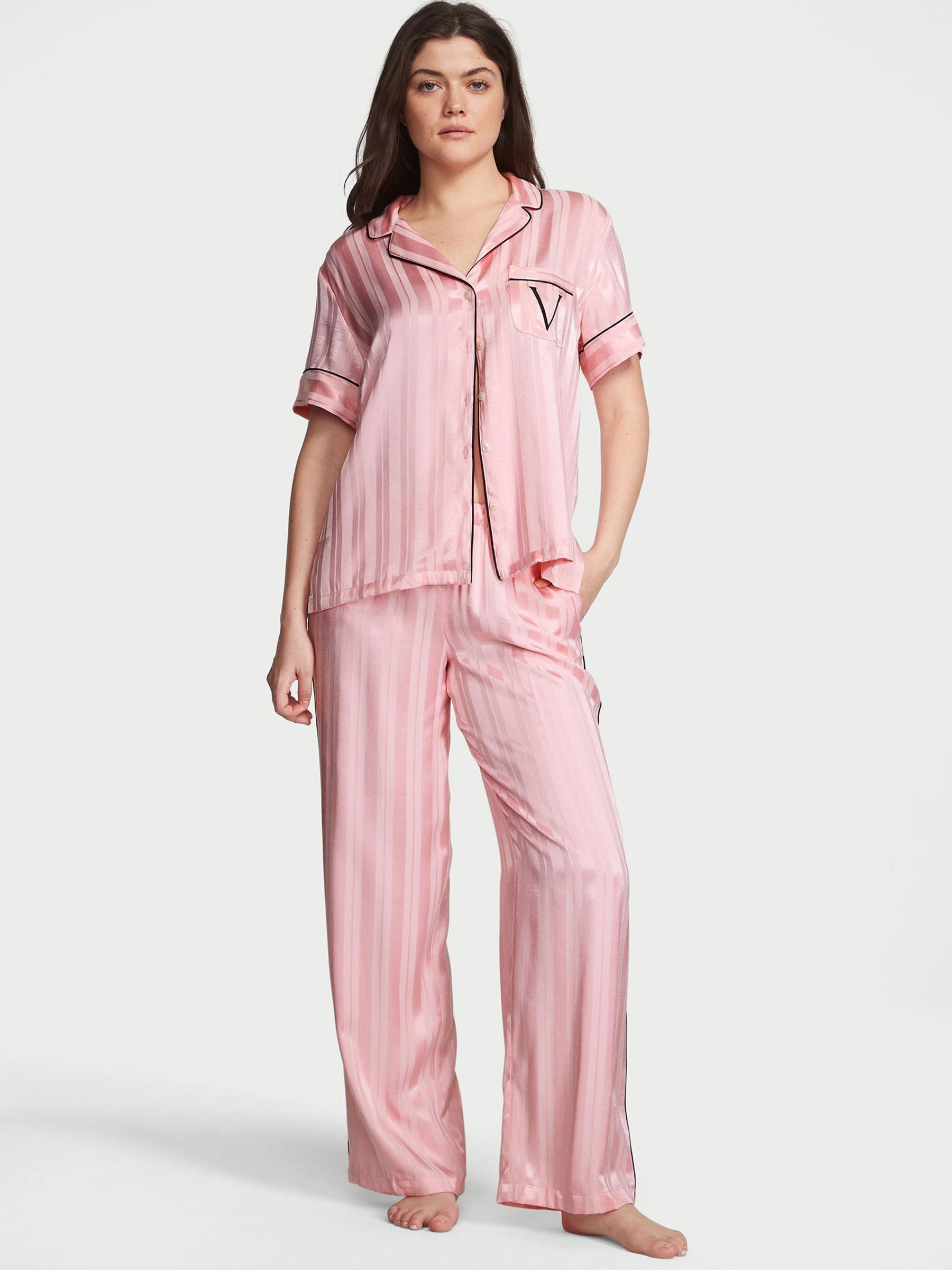 Pretty Blossom Pink Stripe Satin Long Pyjamas - Image 1 of 4