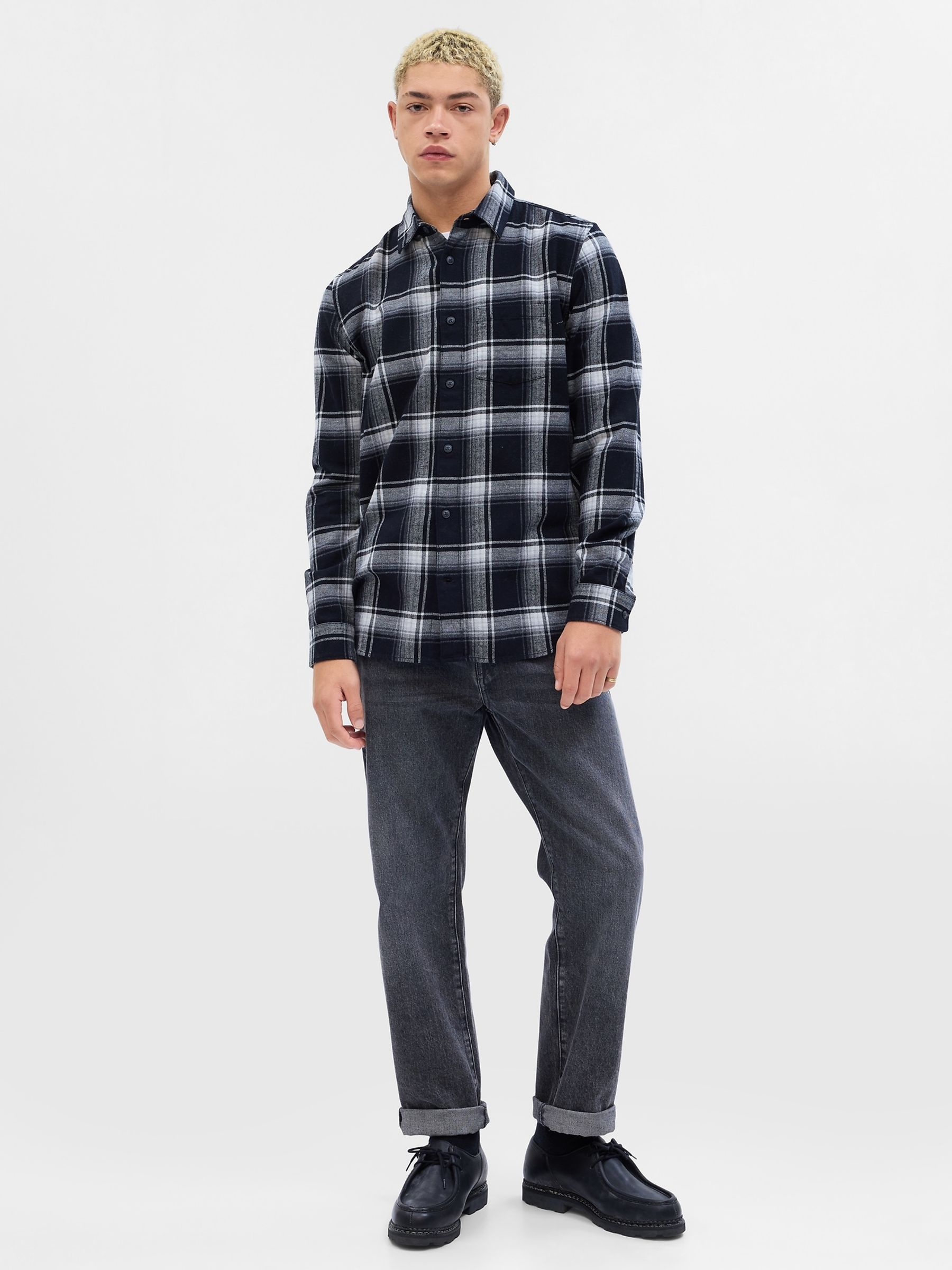 Black/Grey Organic Cotton Midweight Flannel Long Sleeve Shirt - Image 1 of 3