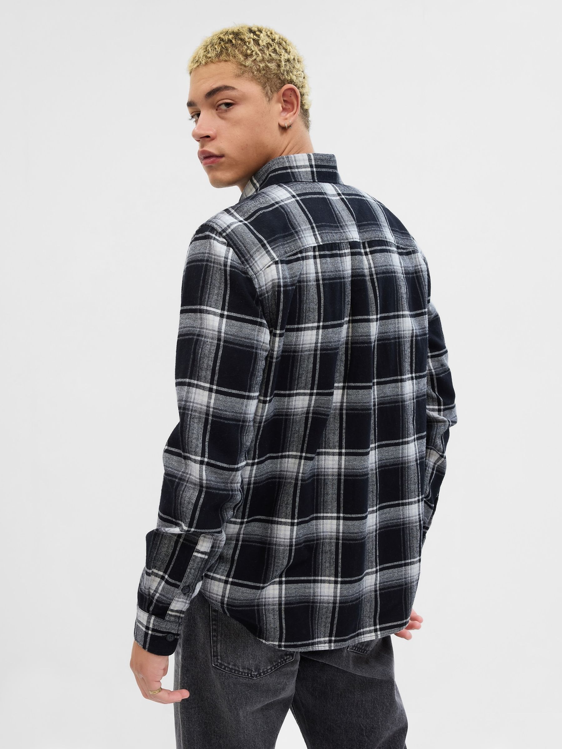 Black/Grey Organic Cotton Midweight Flannel Long Sleeve Shirt - Image 2 of 3