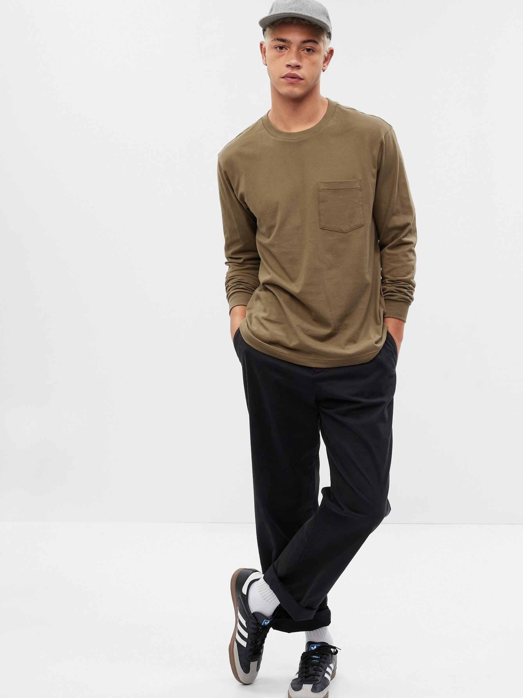 Khaki Green Relaxed Long-Sleeve Pocket T-Shirt - Image 1 of 4