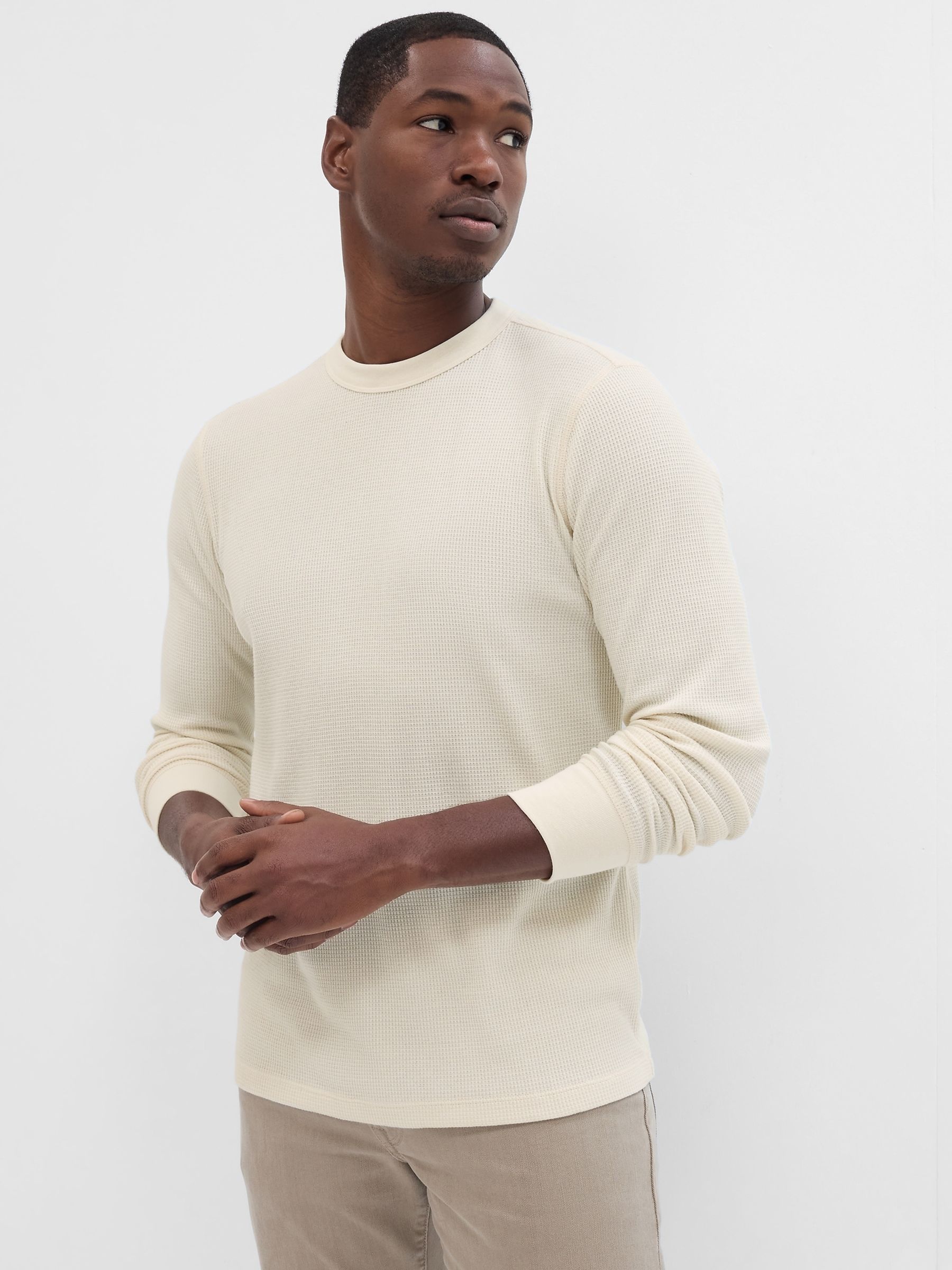 Cream Waffle-Knit Crew Neck Long Sleeve T-Shirt - Image 1 of 4