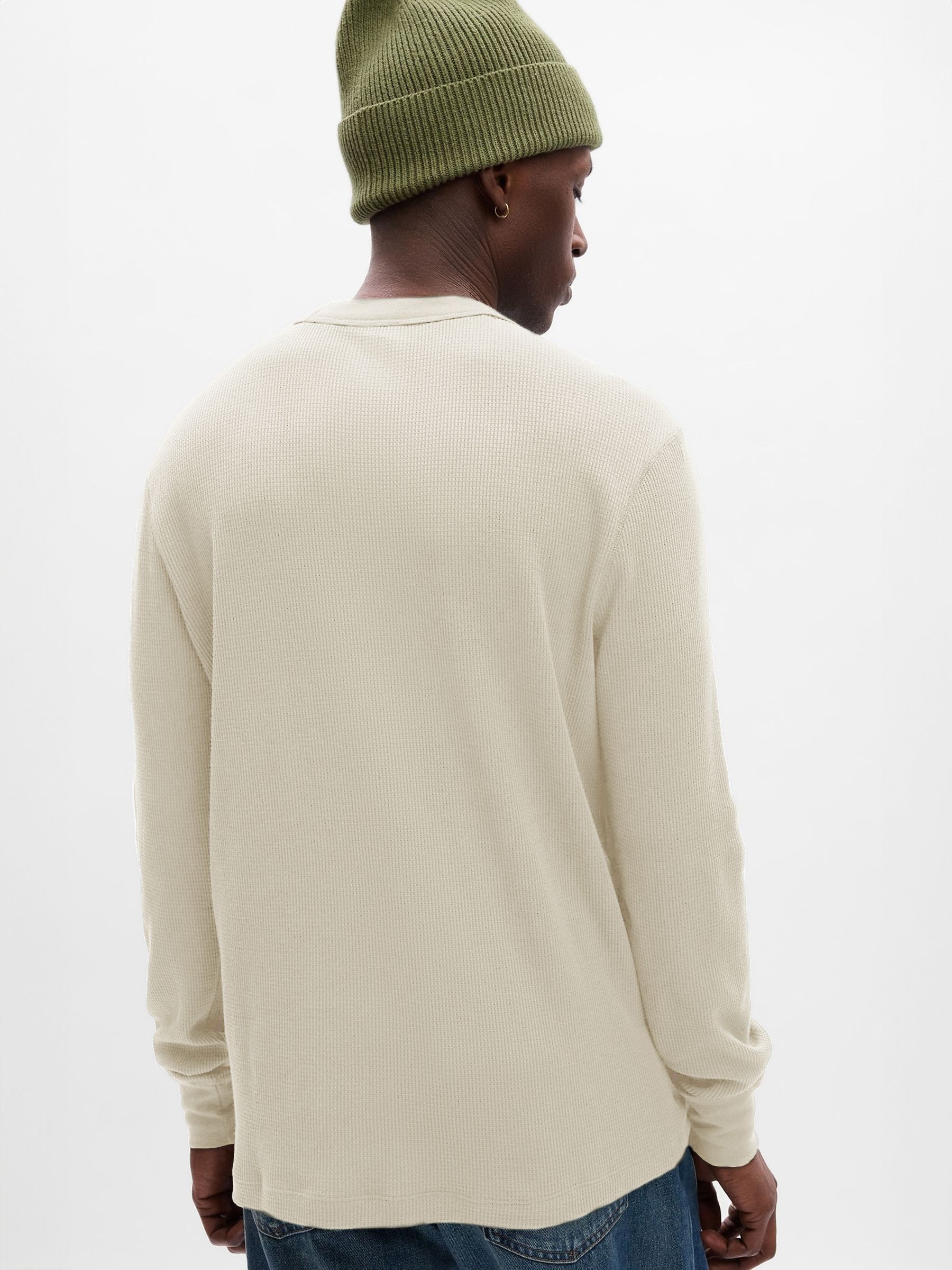 Cream Waffle-Knit Crew Neck Long Sleeve T-Shirt - Image 2 of 4