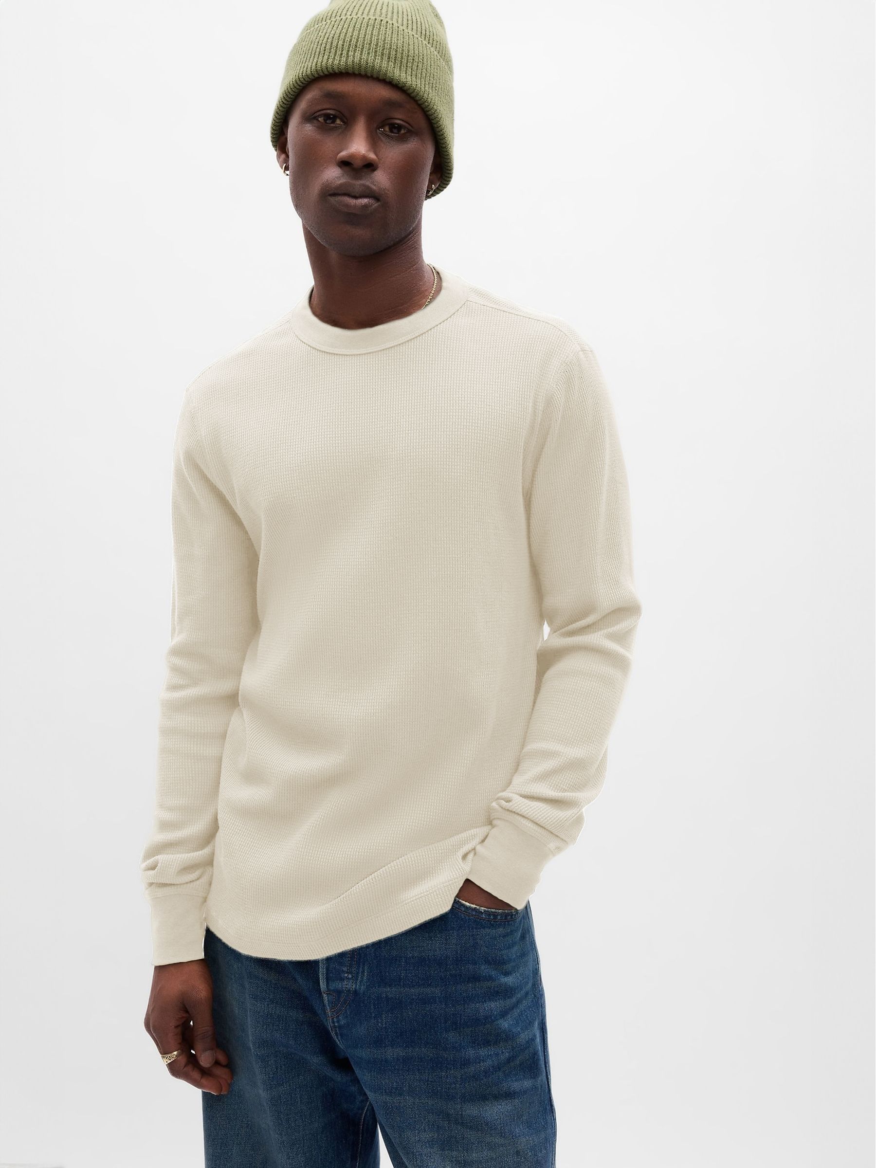 Cream Waffle-Knit Crew Neck Long Sleeve T-Shirt - Image 3 of 4