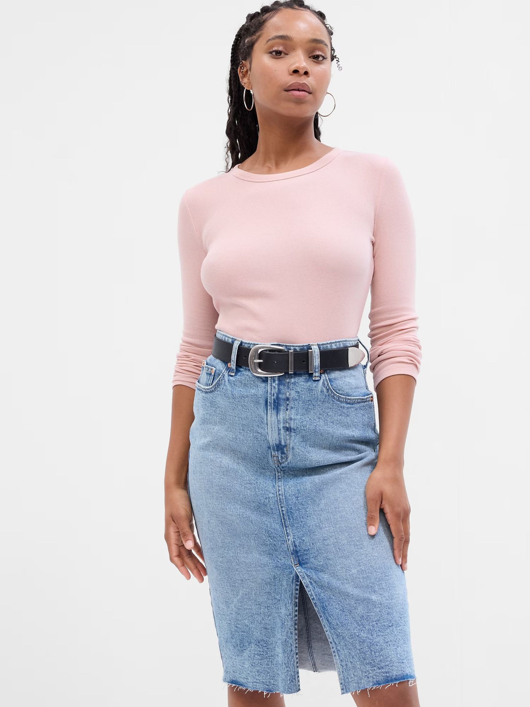 Pink Ribbed Crew Neck Long Sleeve T-Shirt - Image 1 of 1