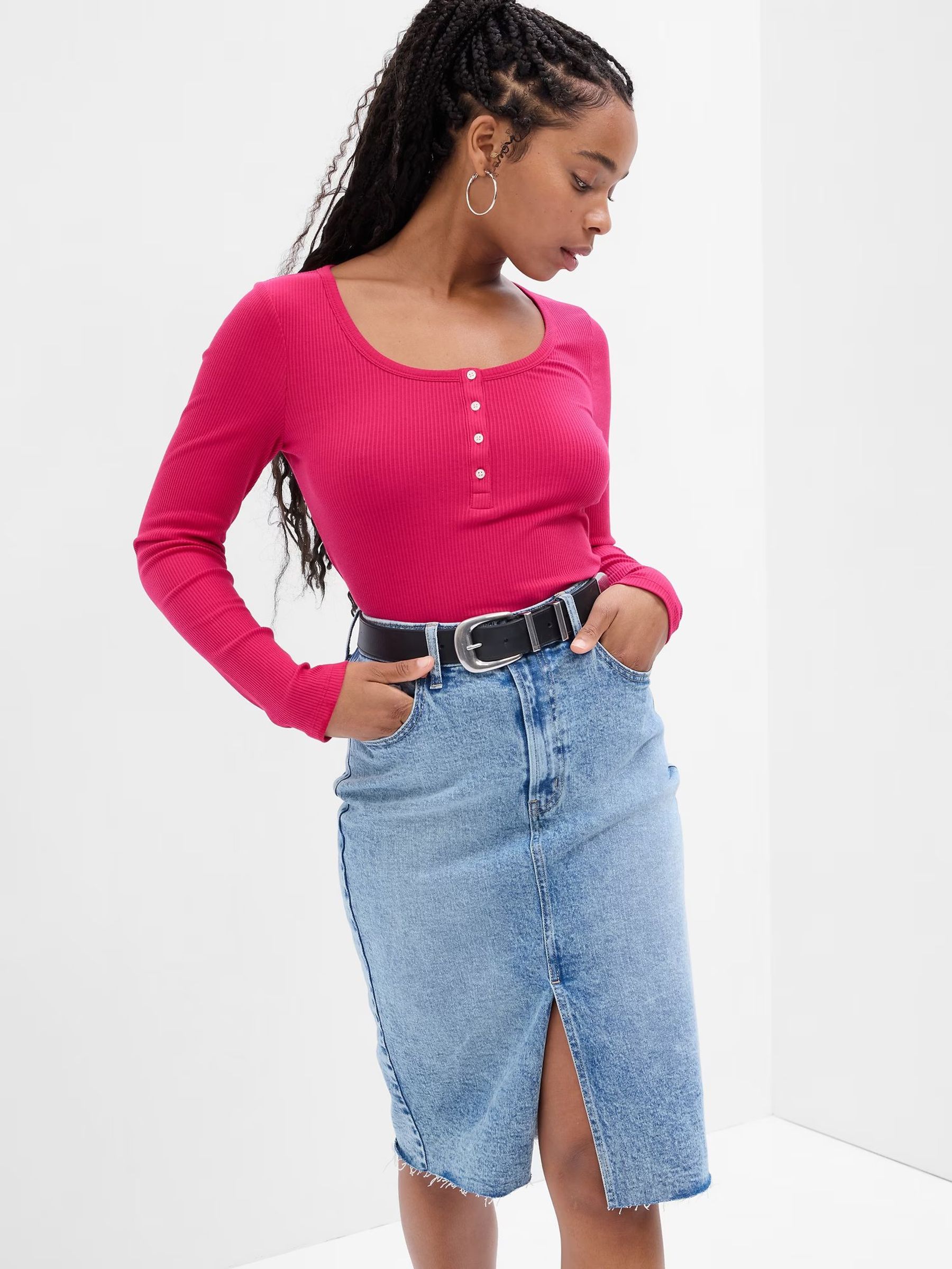 Pink Ribbed Henley Button Long Sleeve Scoop Neck T-Shirt - Image 1 of 2