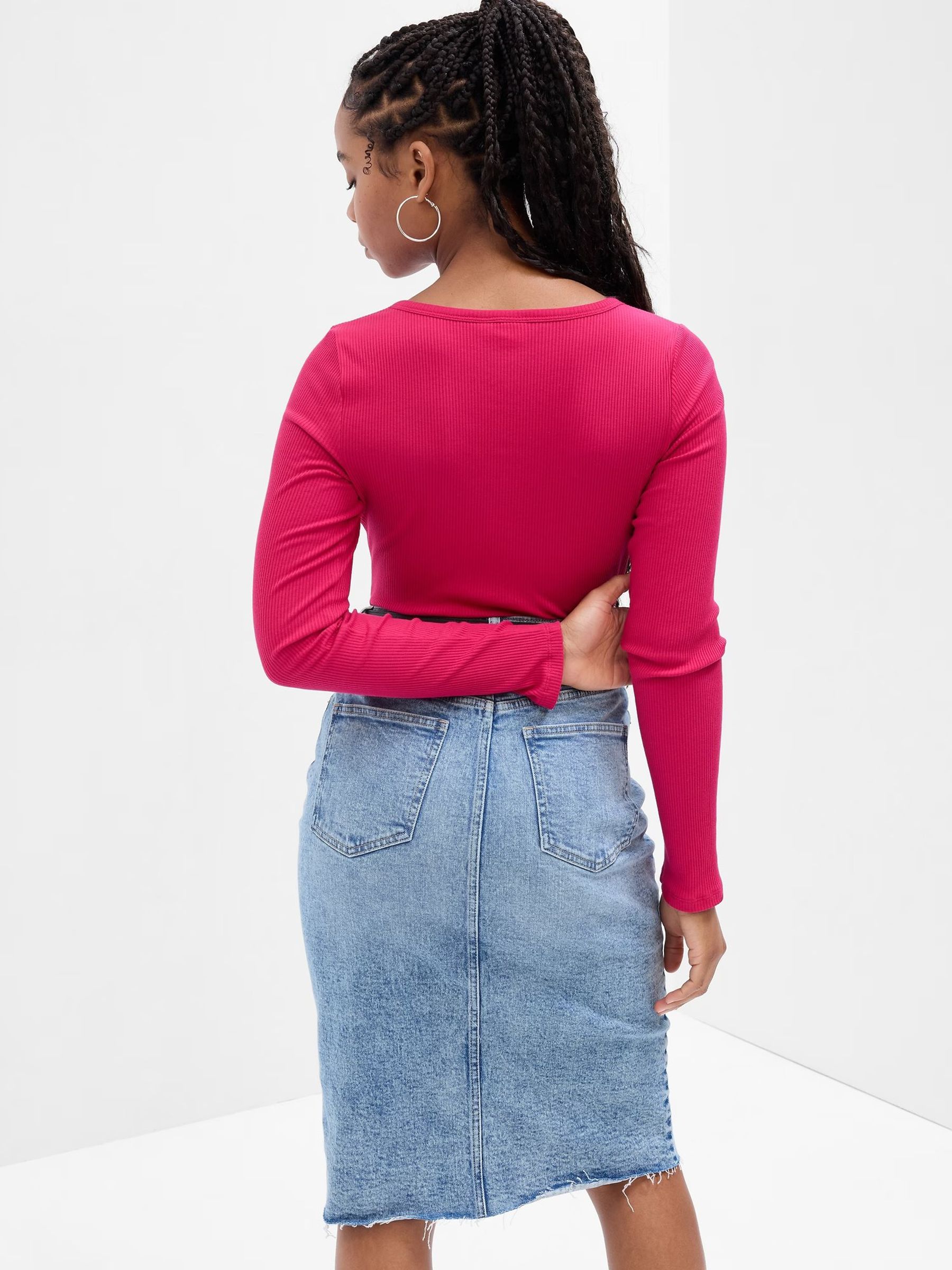 Pink Ribbed Henley Button Long Sleeve Scoop Neck T-Shirt - Image 2 of 2