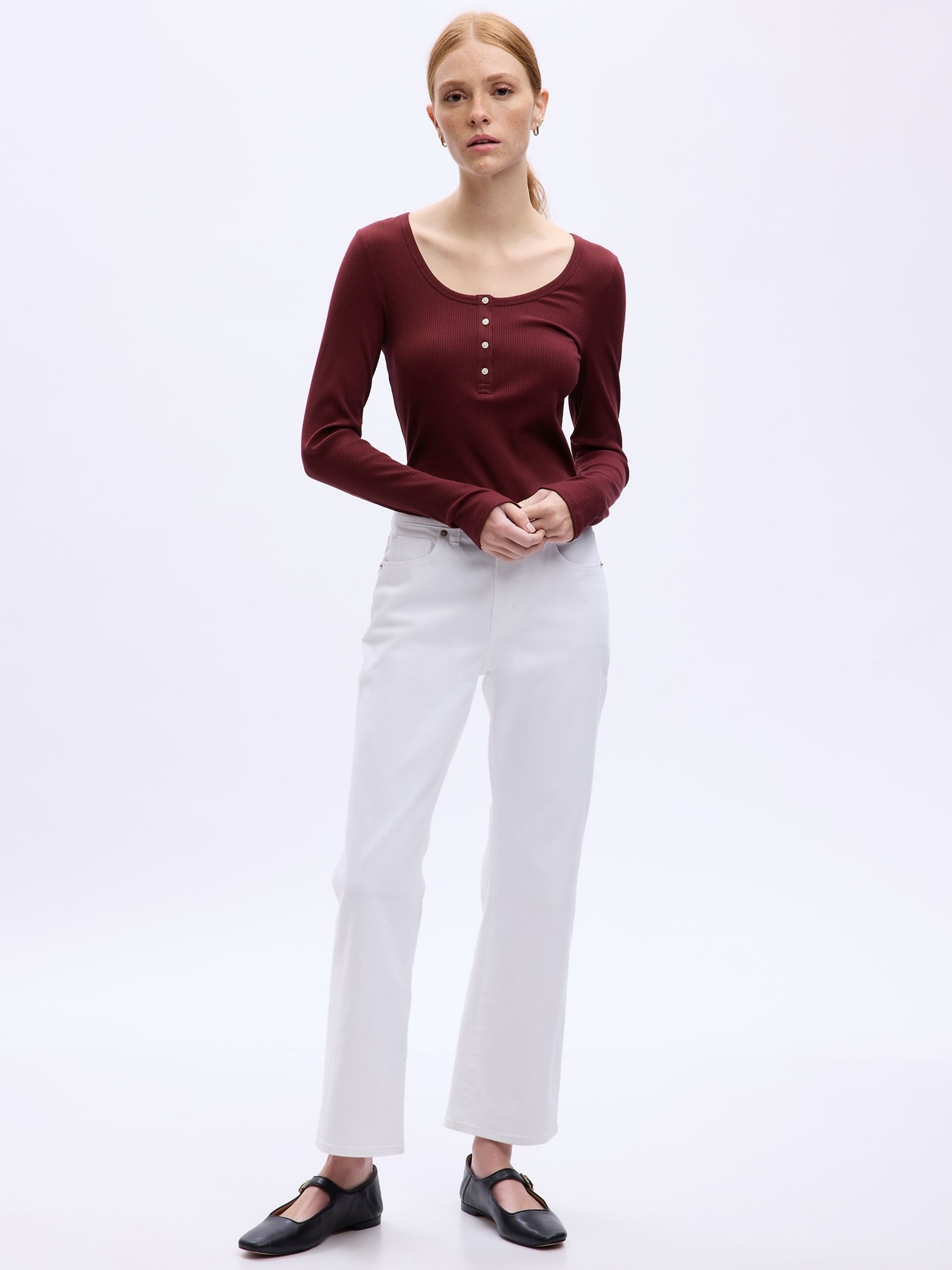 Dark Red Ribbed Henley Button Long Sleeve Scoop Neck T-Shirt - Image 1 of 2