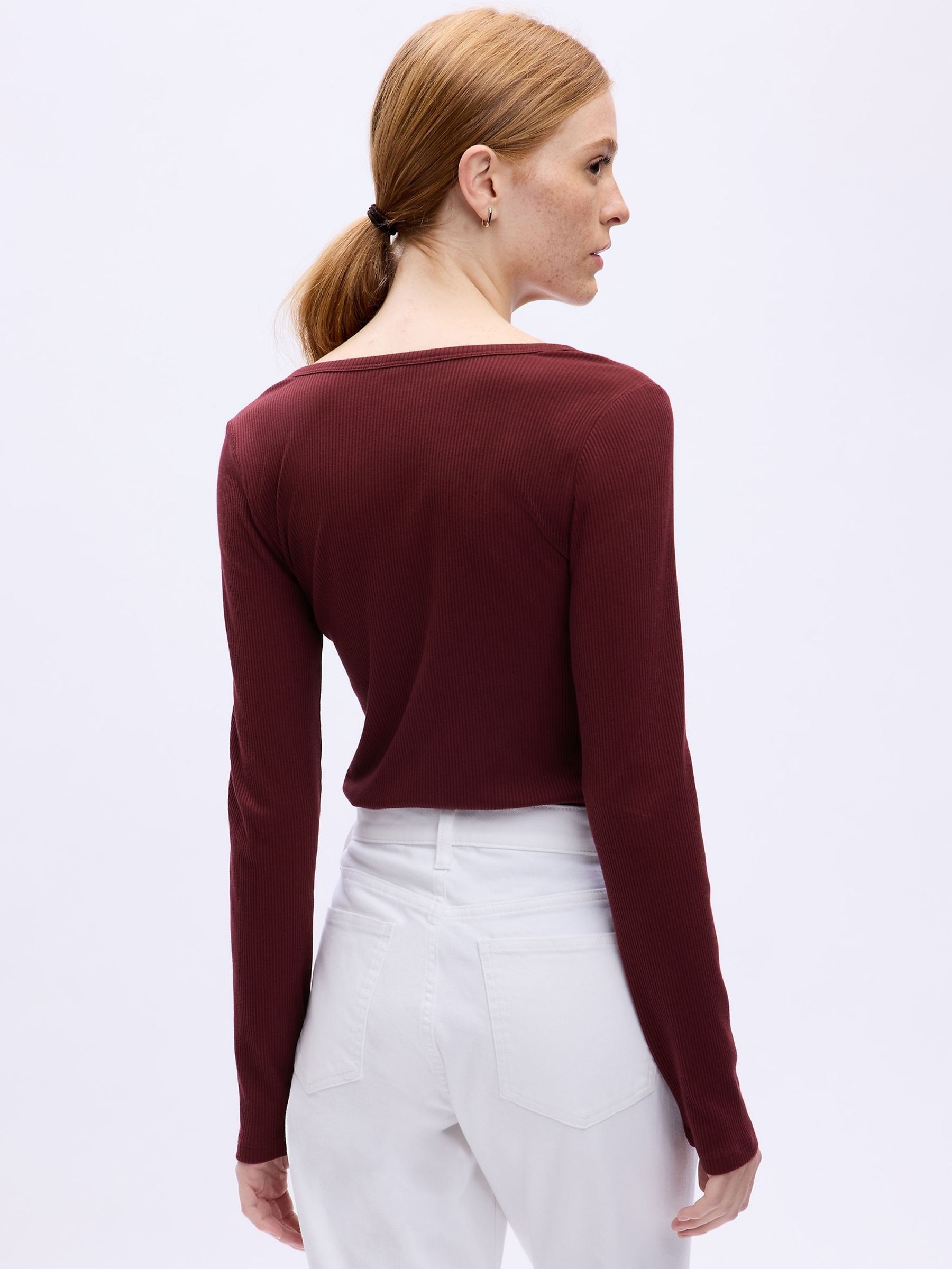 Dark Red Ribbed Henley Button Long Sleeve Scoop Neck T-Shirt - Image 2 of 2