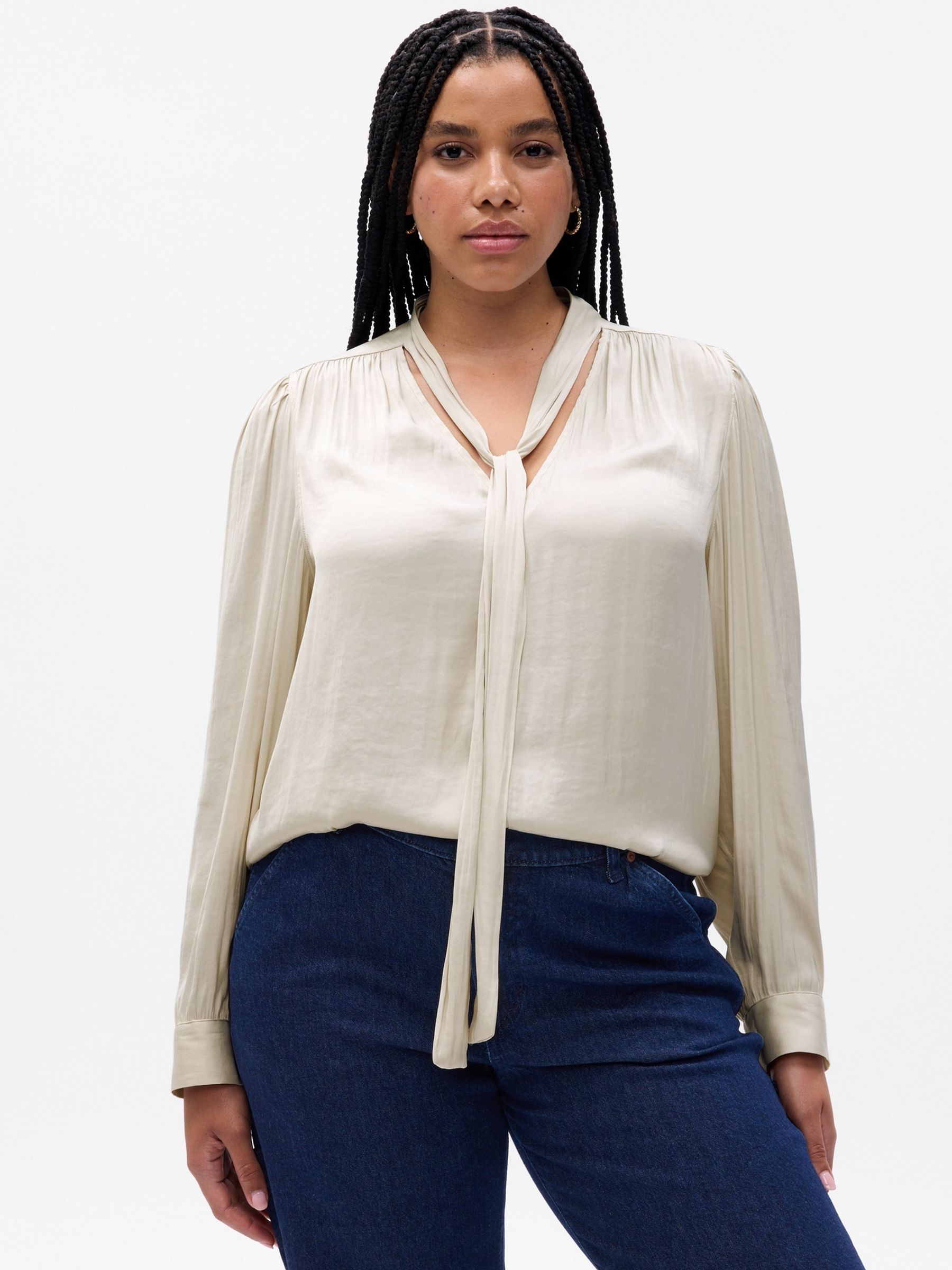Cream Tie-Neck Long Sleeve Shirt - Image 1 of 5