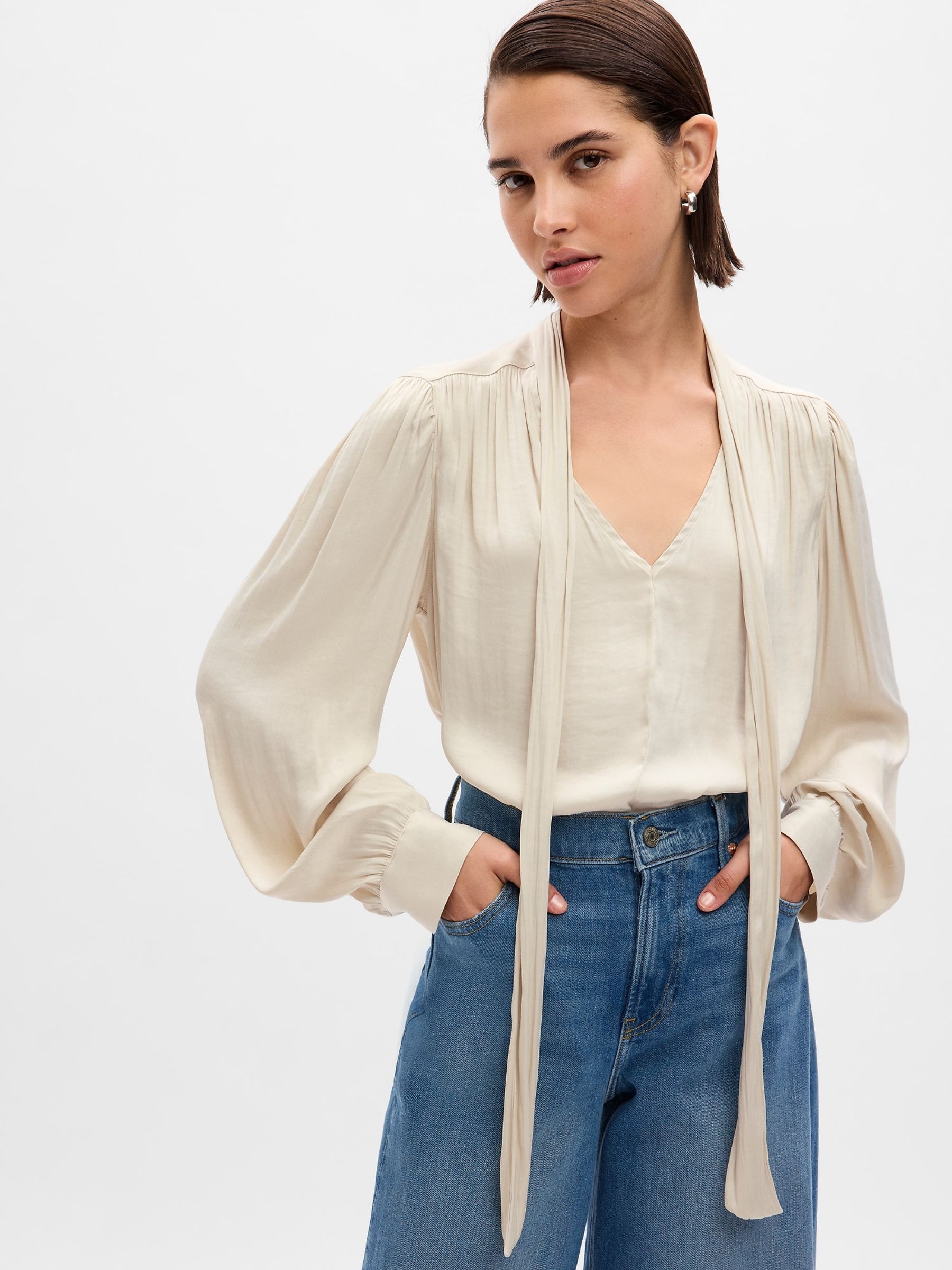 Cream Tie-Neck Long Sleeve Shirt - Image 3 of 5