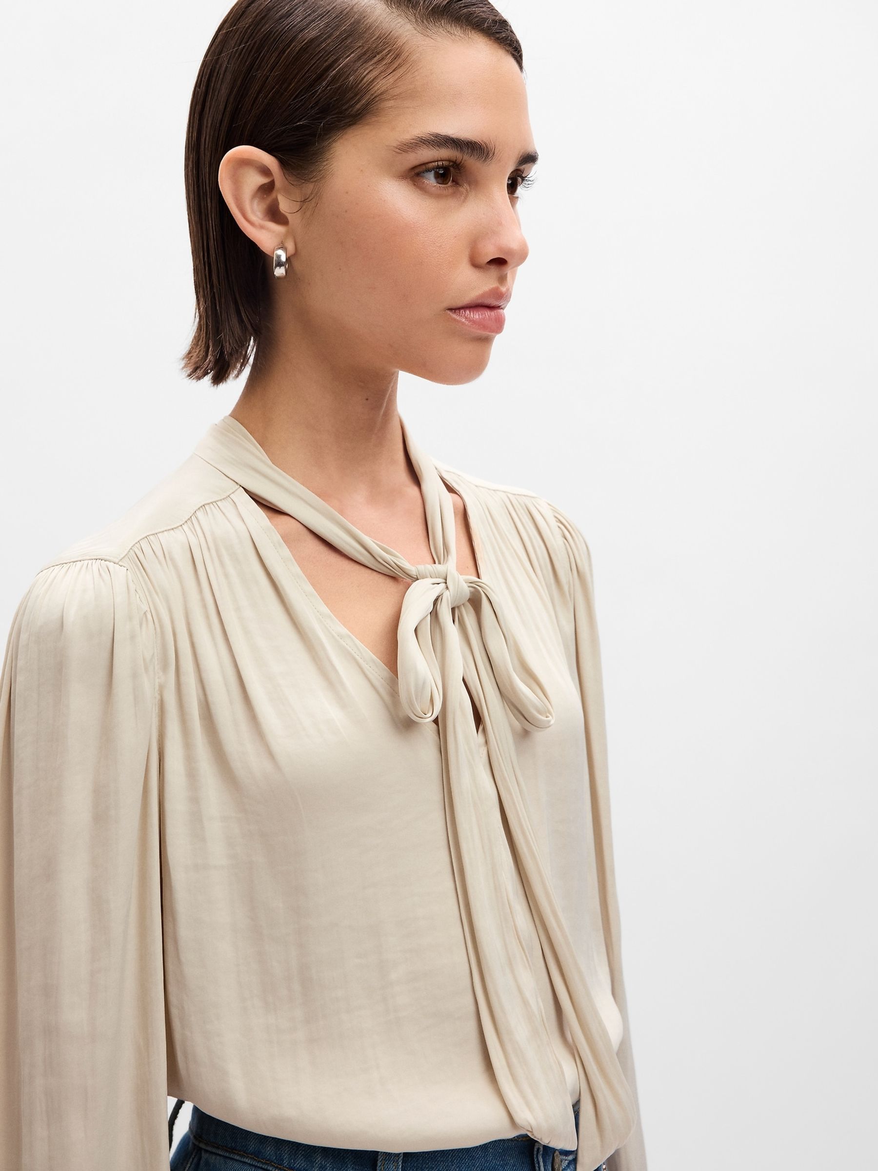 Cream Tie-Neck Long Sleeve Shirt - Image 5 of 5