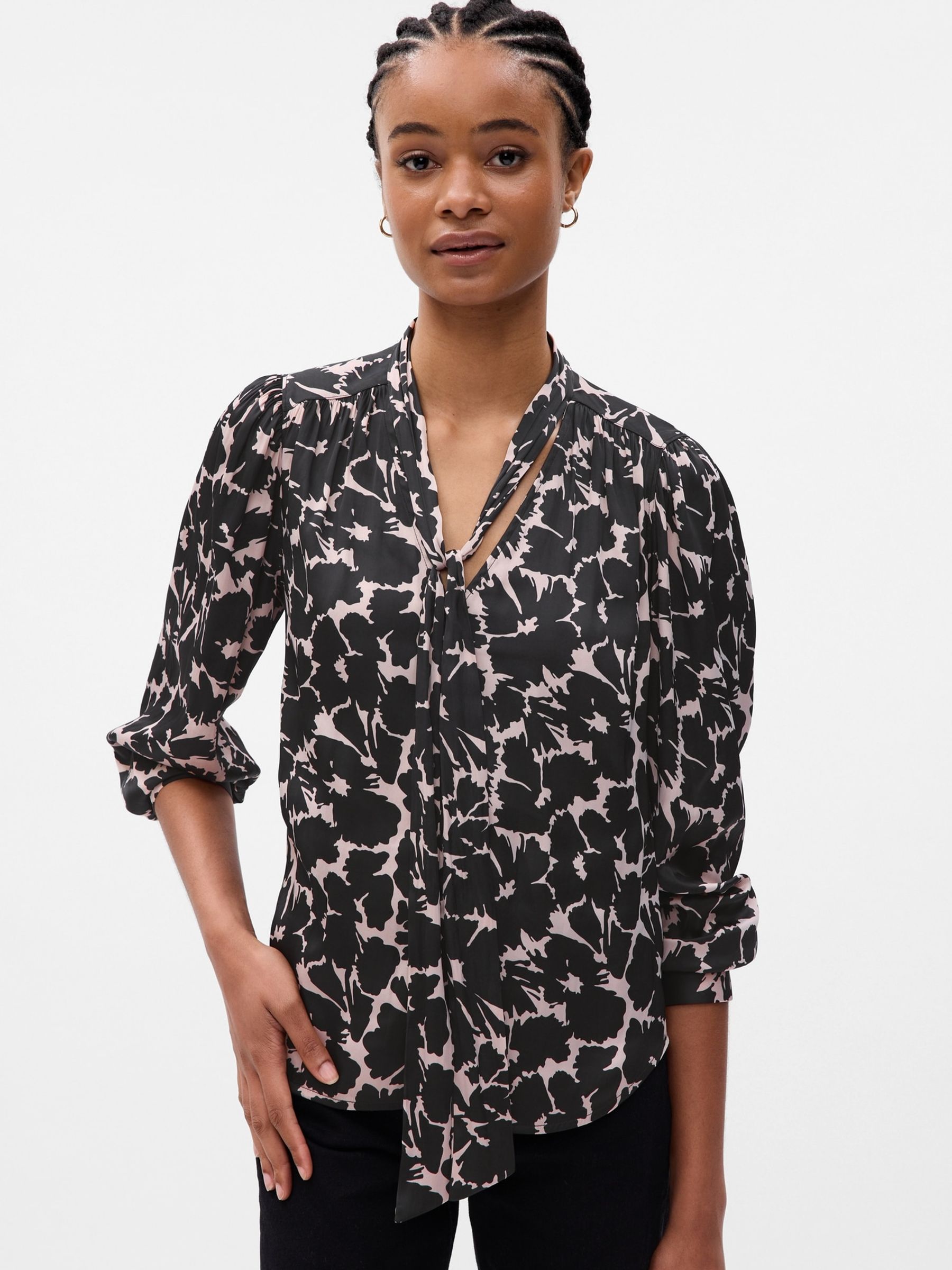 Black Tie-Neck Long Sleeve Shirt - Image 1 of 2