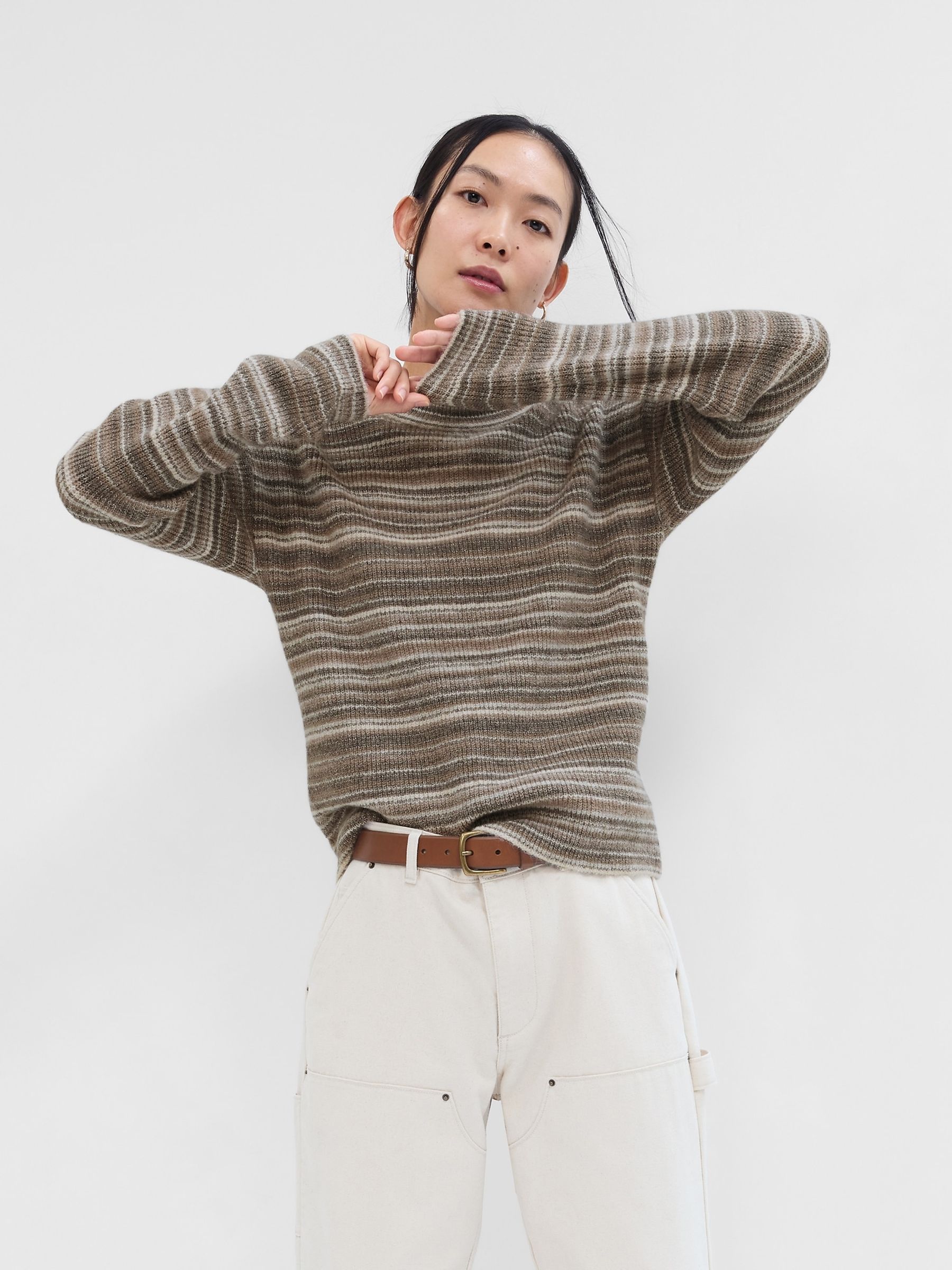 Beige Cosy Ribbed Stripe Crew Neck Jumper - Image 1 of 5