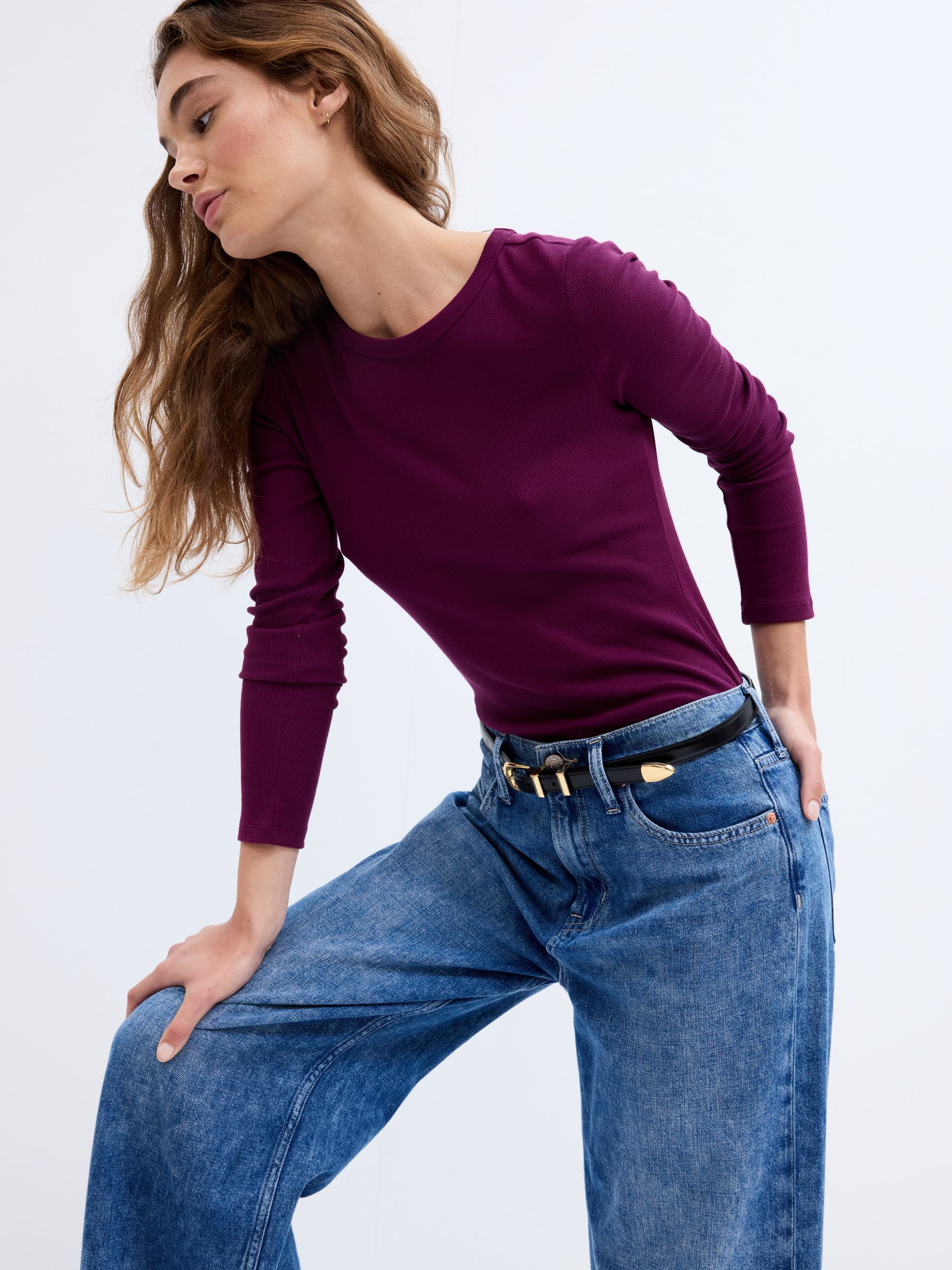 Purple Ribbed Crew Neck Long Sleeve T-Shirt - Image 1 of 2