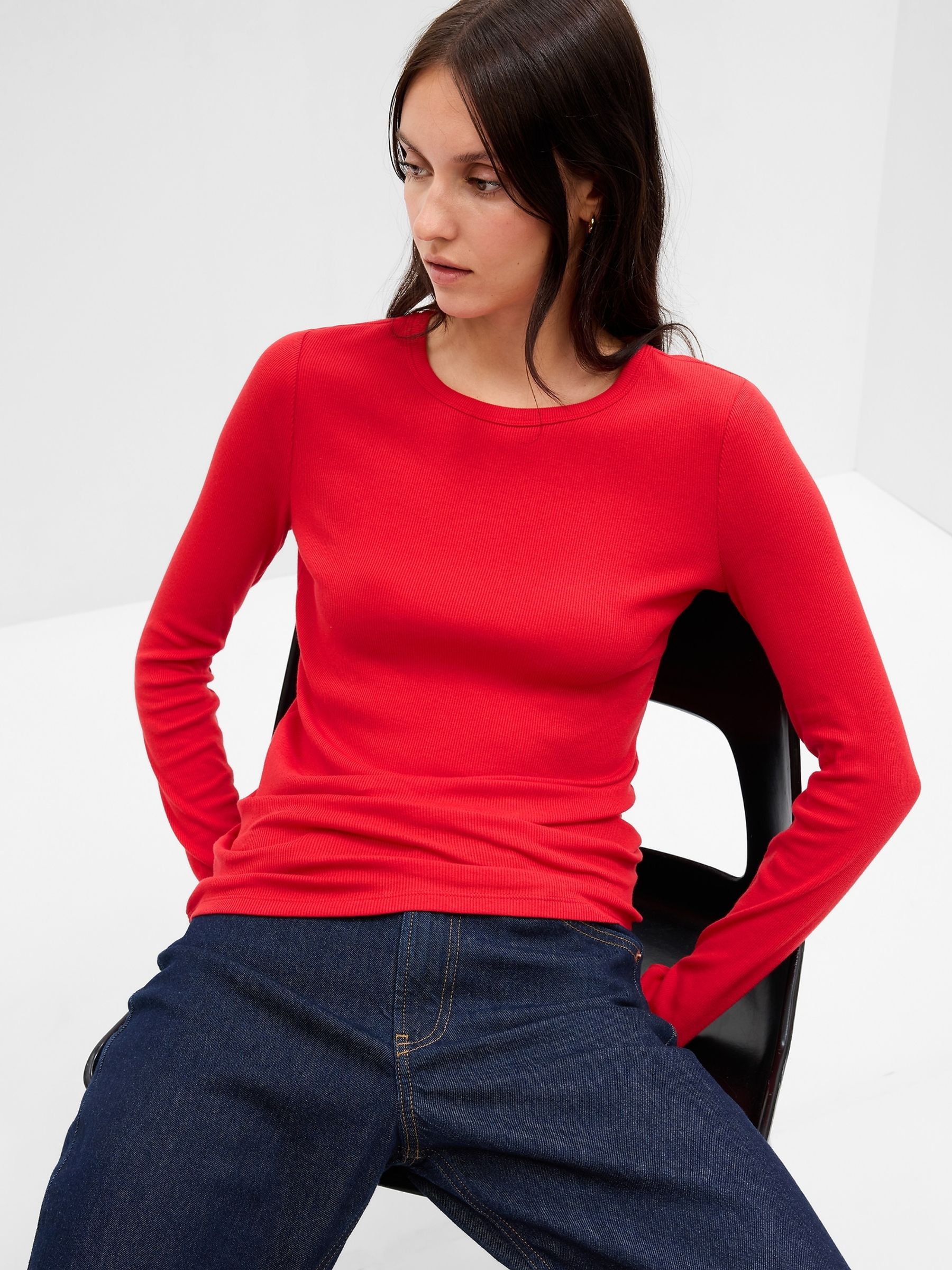 Bright Red Ribbed Crew Neck Long Sleeve T-Shirt - Image 1 of 2
