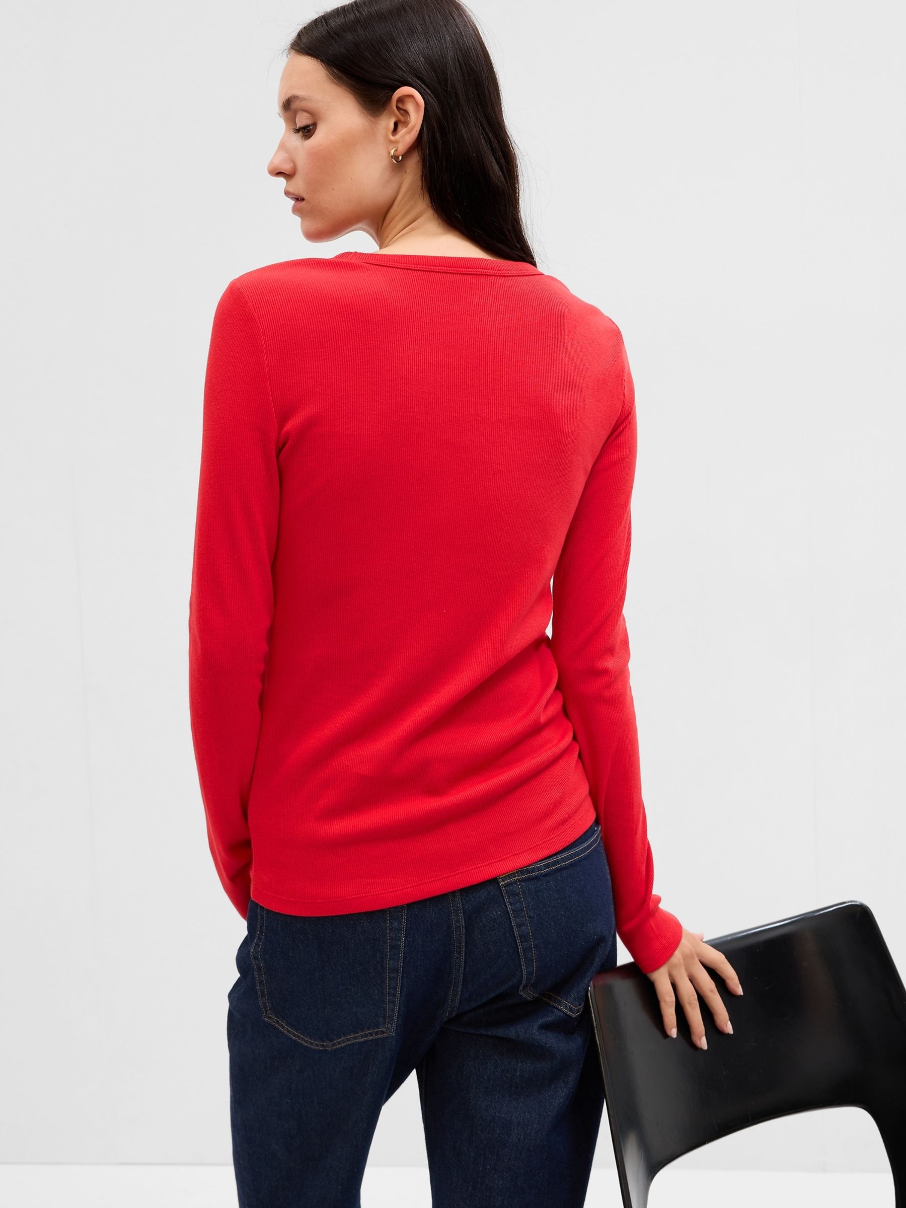 Bright Red Ribbed Crew Neck Long Sleeve T-Shirt - Image 2 of 2