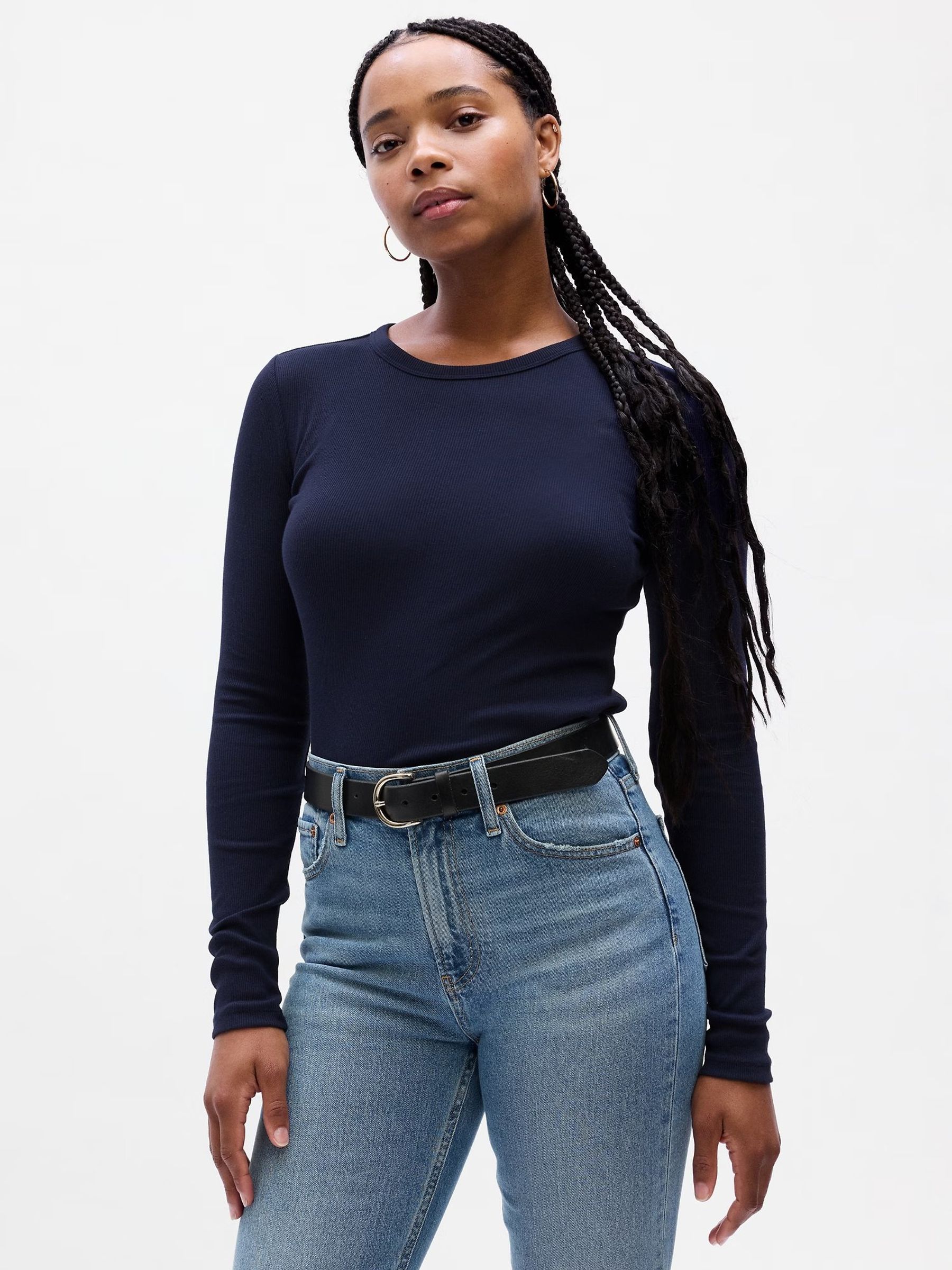 Navy Ribbed Crew Neck Long Sleeve T-Shirt - Image 1 of 2