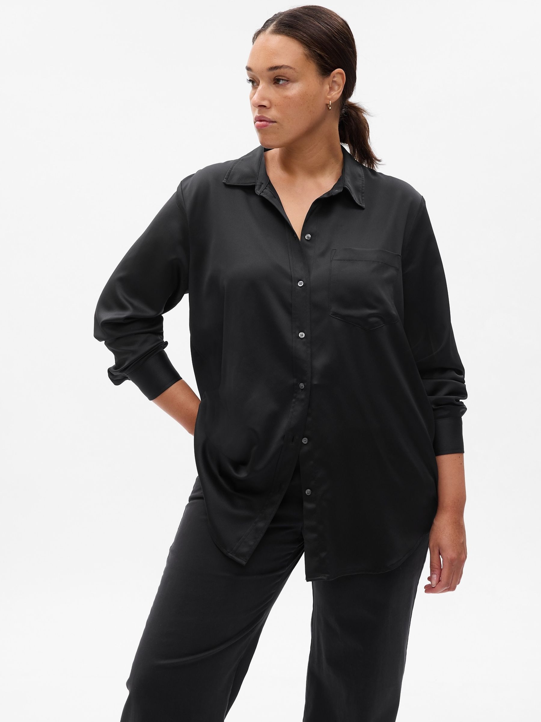 Black Satin Long Sleeve Shirt - Image 1 of 1