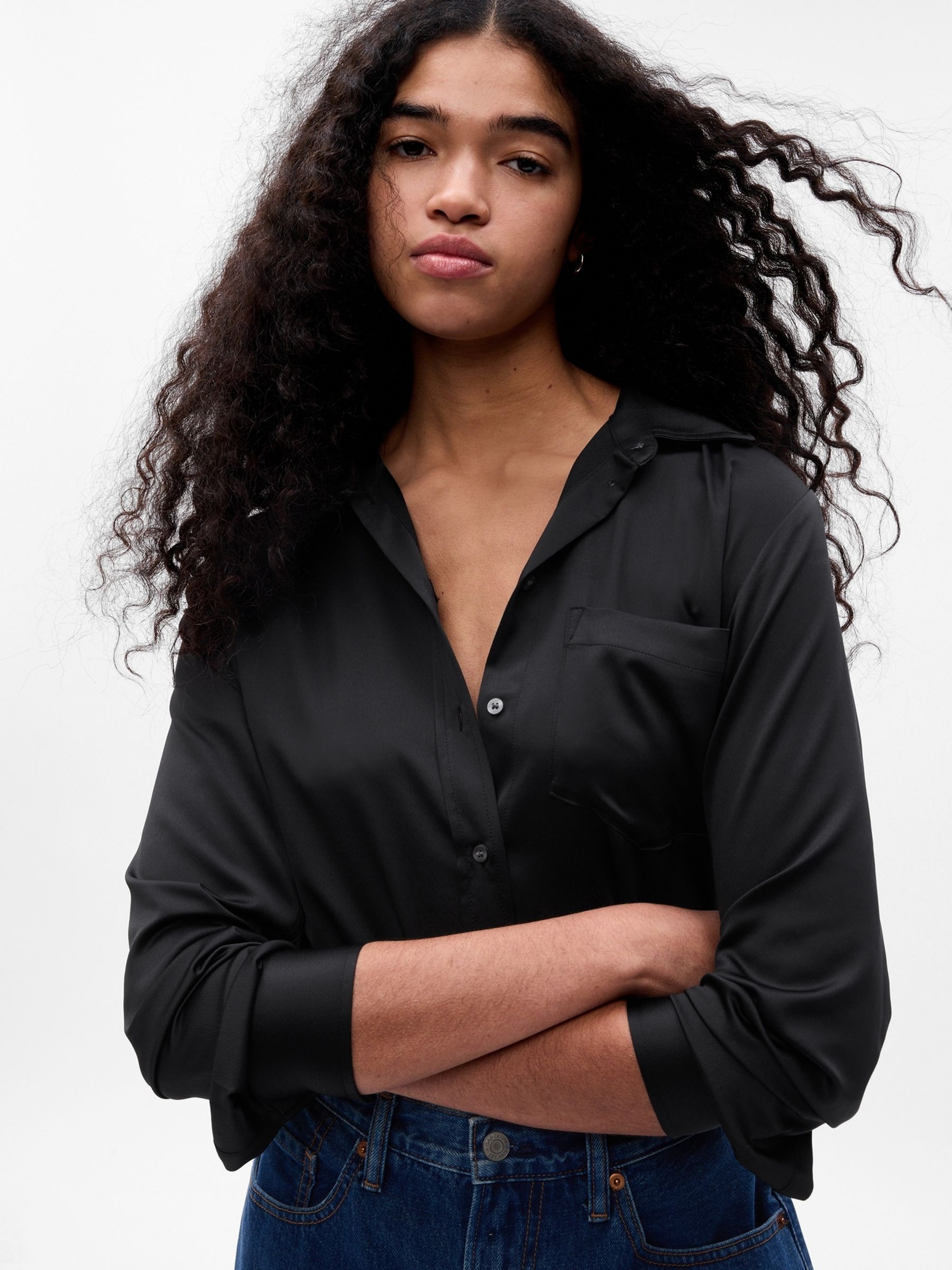 Black Satin Long Sleeve Shirt - Image 4 of 5
