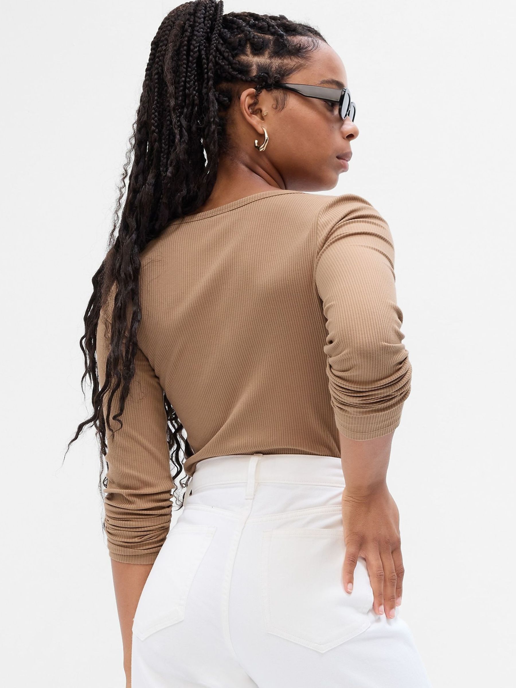 Brown Ribbed Henley Button Long Sleeve Scoop Neck T-Shirt - Image 2 of 2