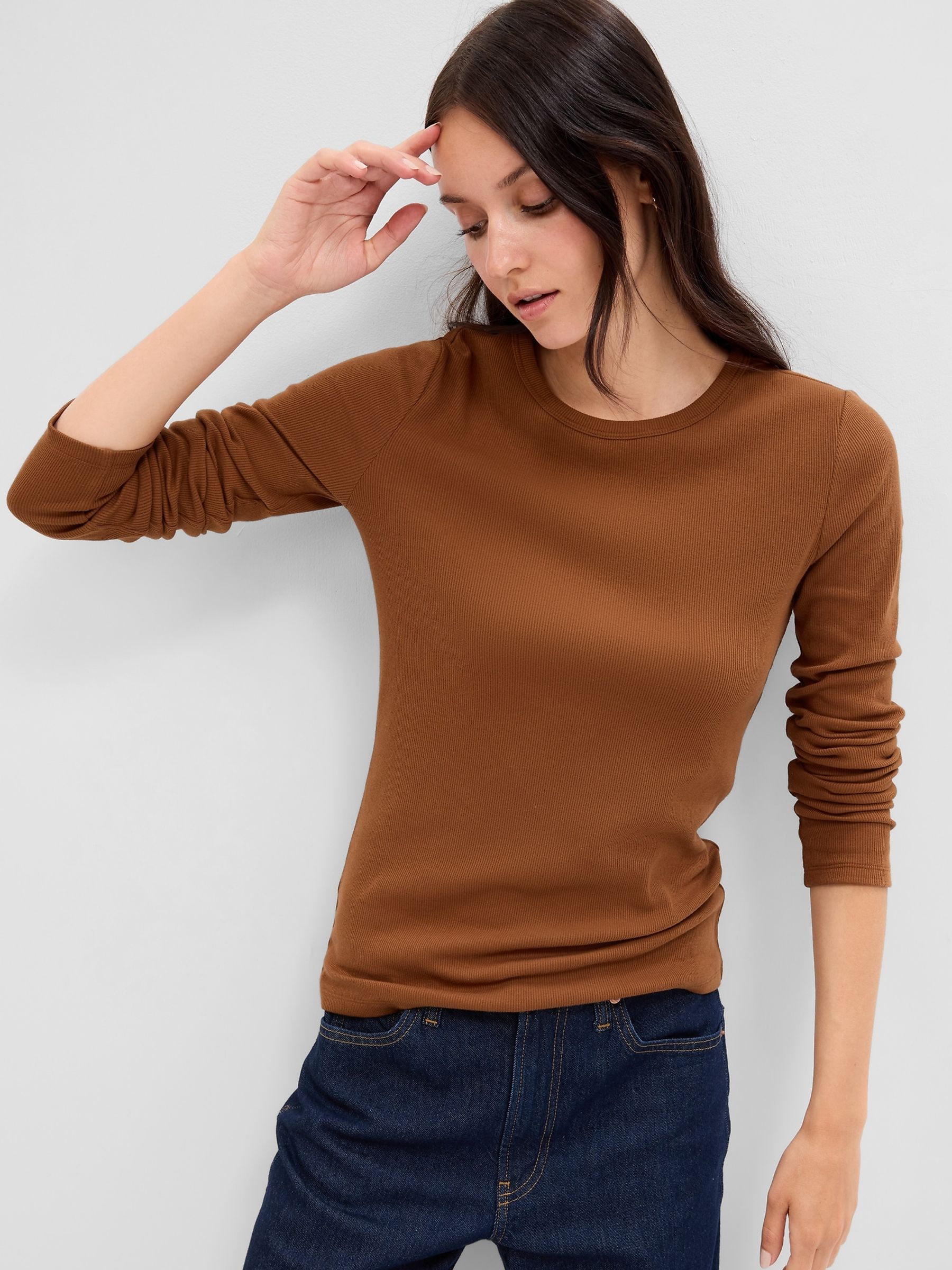 Brown Ribbed Crew Neck Long Sleeve T-Shirt - Image 1 of 2