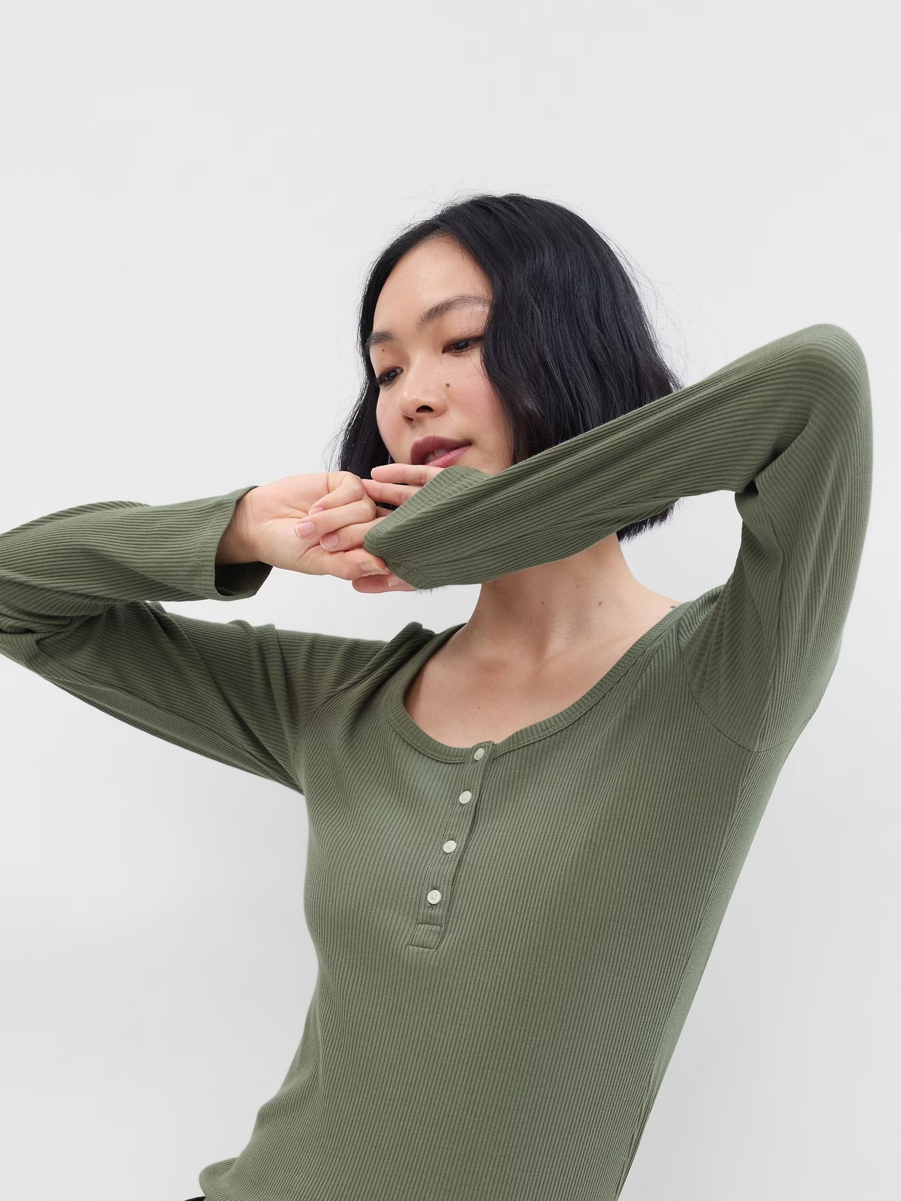 Green Ribbed Henley Button Long Sleeve Scoop Neck T-Shirt - Image 1 of 2
