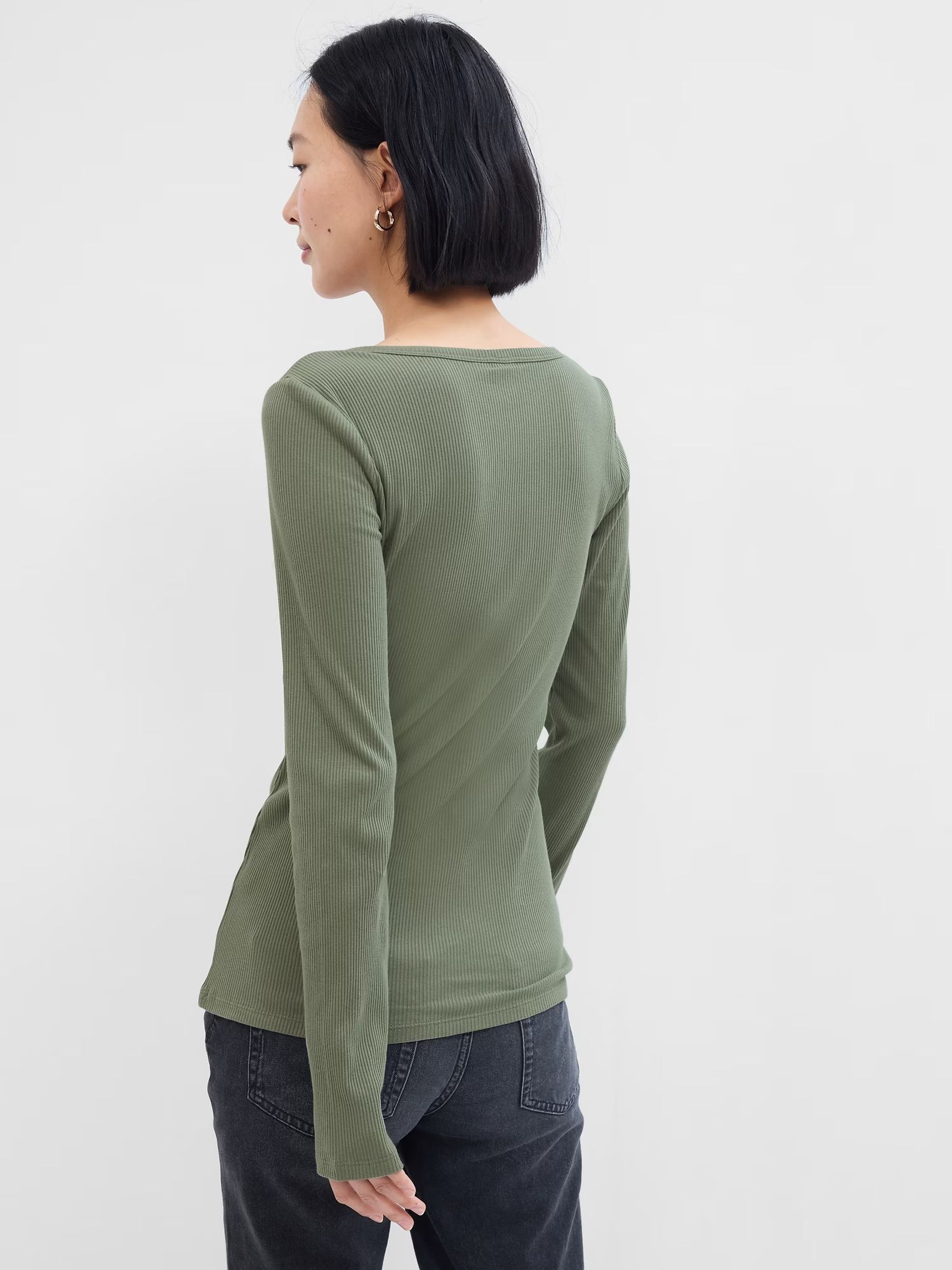 Green Ribbed Henley Button Long Sleeve Scoop Neck T-Shirt - Image 2 of 2