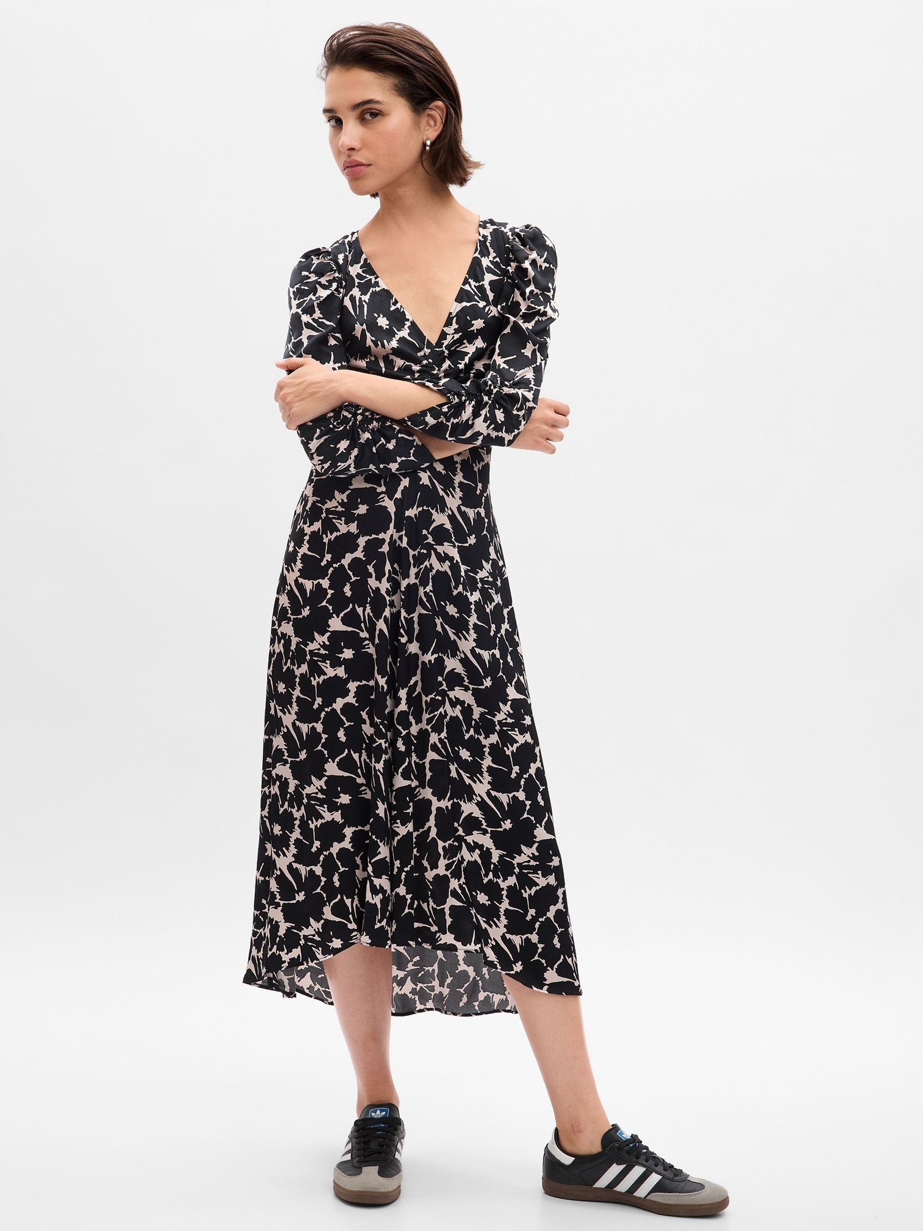 Black Ruched Satin Midi Dress - Image 1 of 2