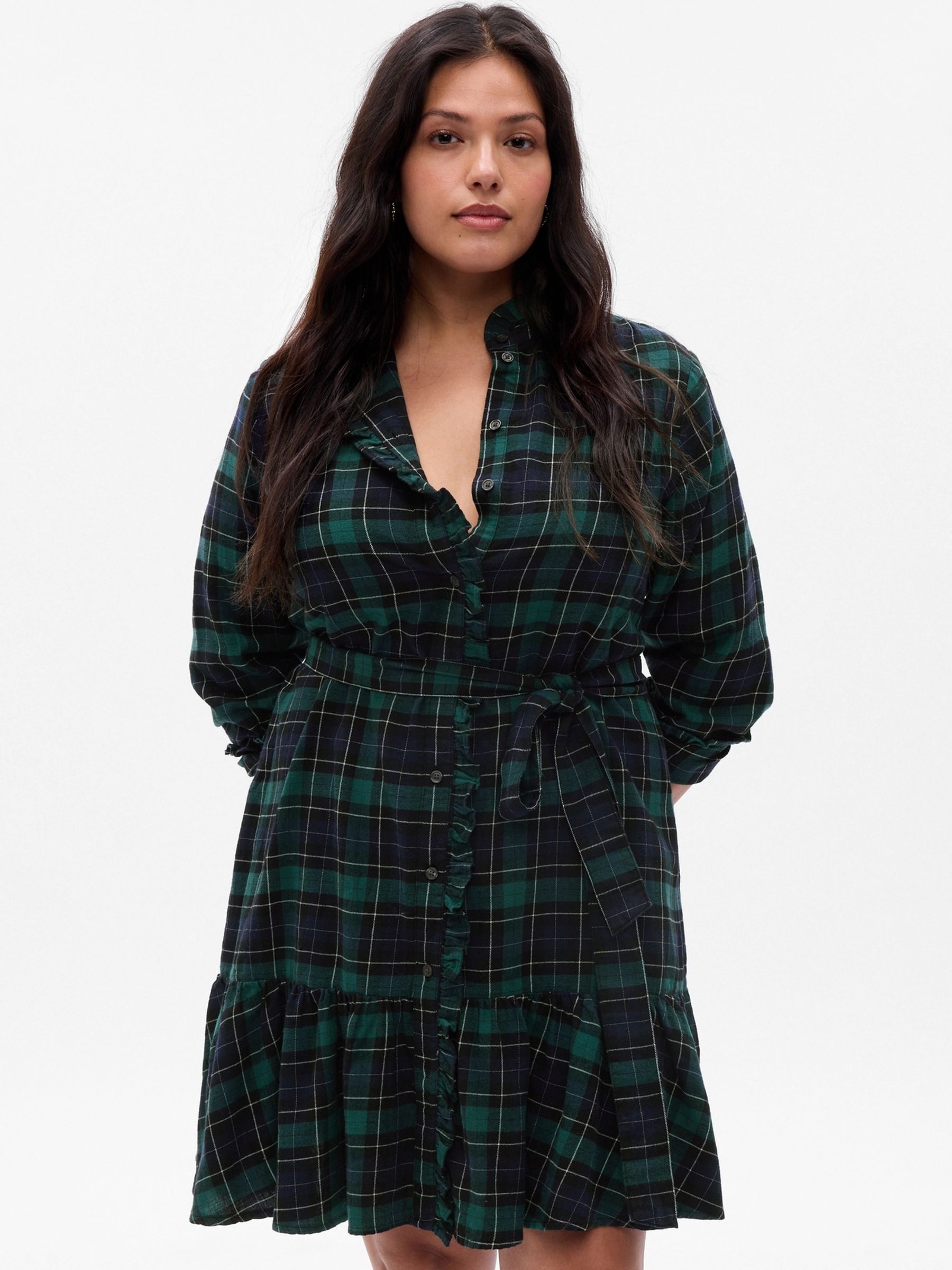 Green Tiered Ruffle Long Sleeve Check Mini Dress | Gap