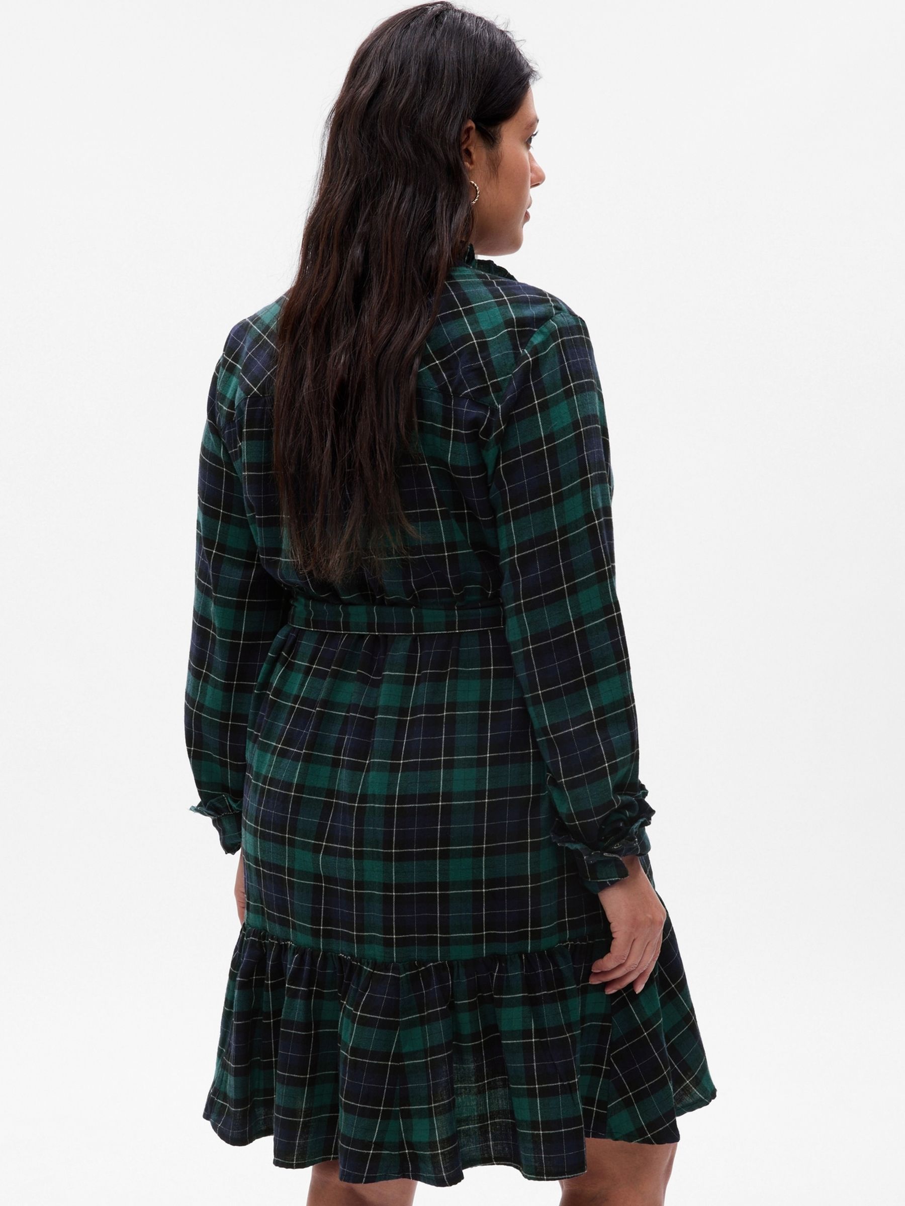Green Tiered Ruffle Long Sleeve Check Mini Dress - Image 2 of 5