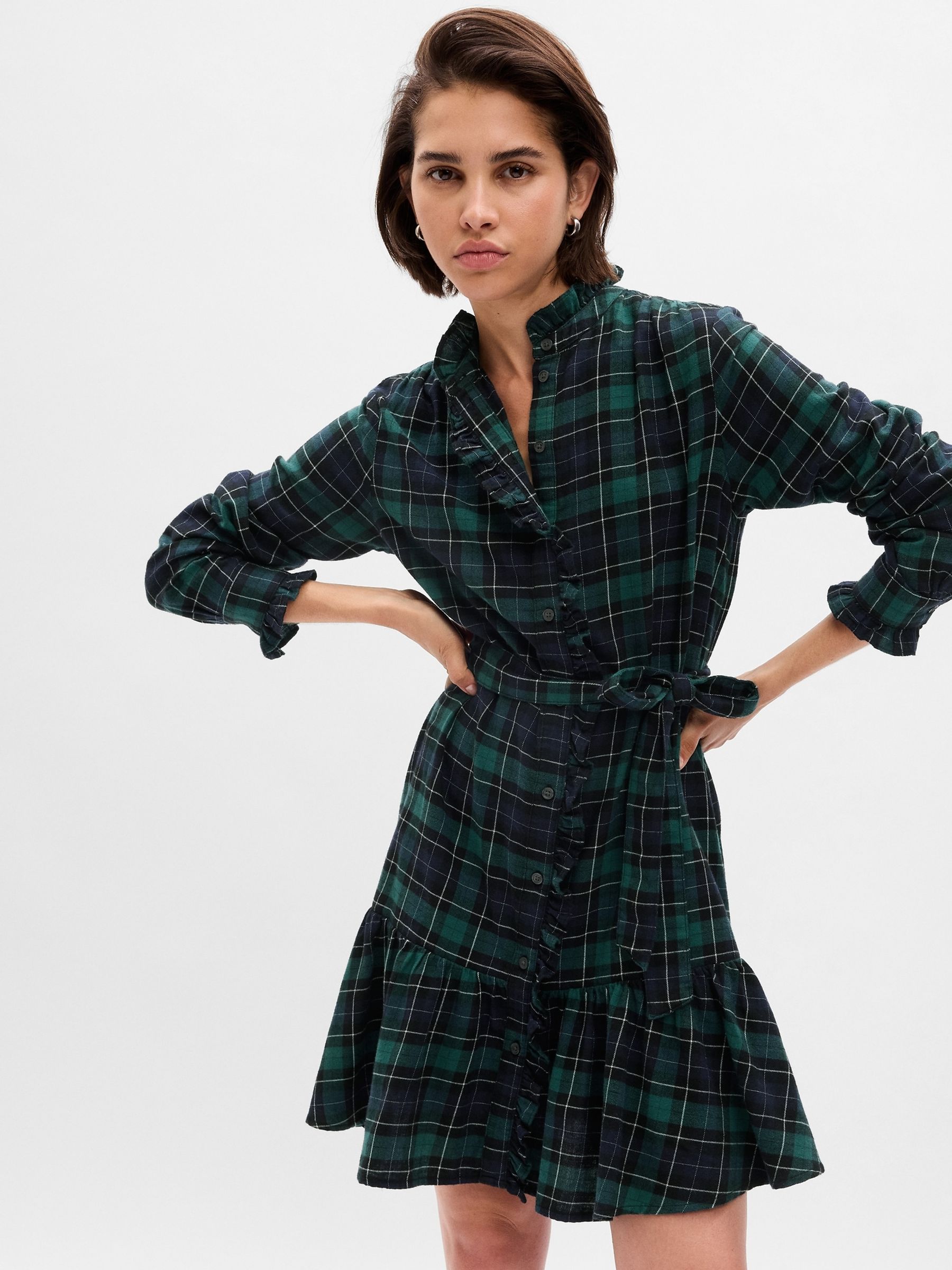 Green Tiered Ruffle Long Sleeve Check Mini Dress - Image 3 of 5