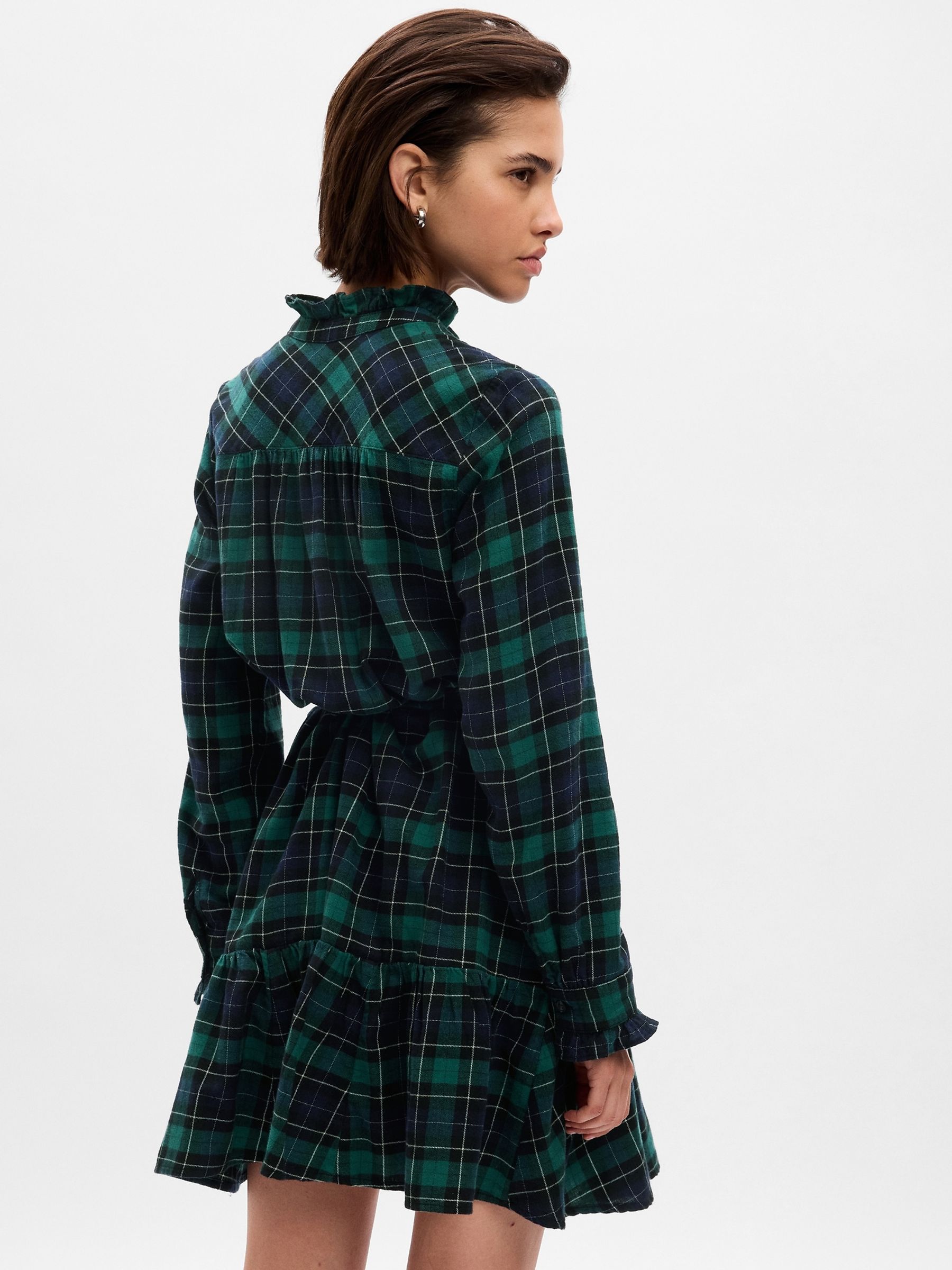 Green Tiered Ruffle Long Sleeve Check Mini Dress - Image 4 of 5