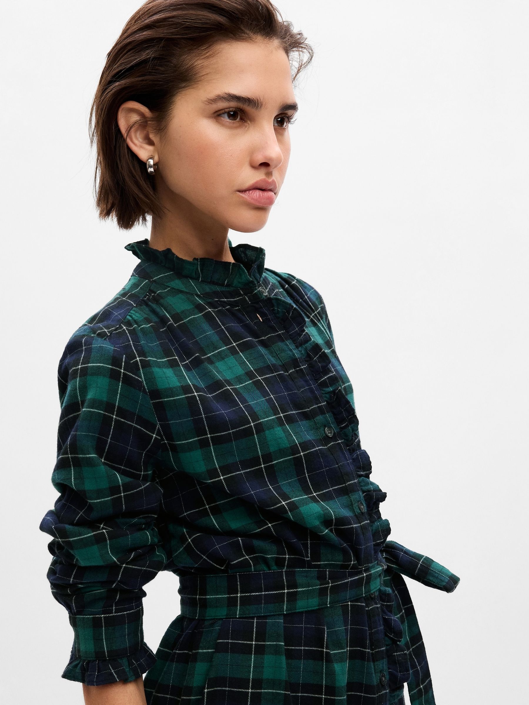 Green Tiered Ruffle Long Sleeve Check Mini Dress - Image 5 of 5
