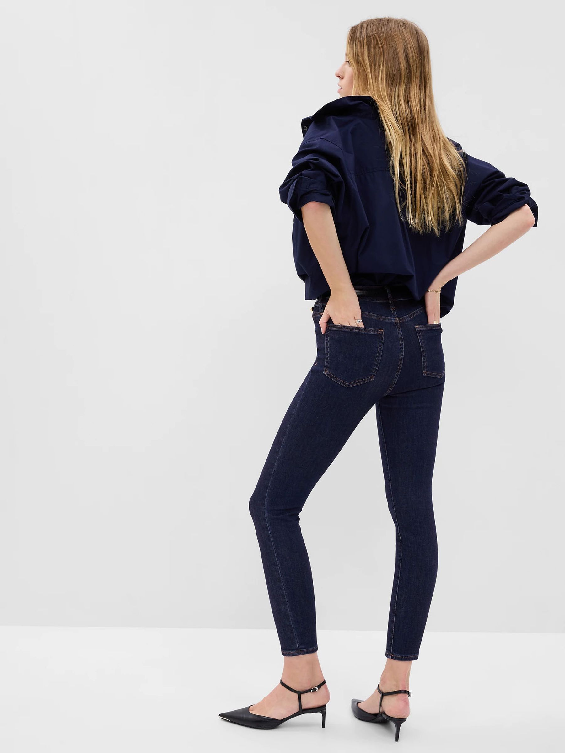 Dark Indigo Blue Stretch Mid Rise True Skinny Jeans - Image 3 of 8