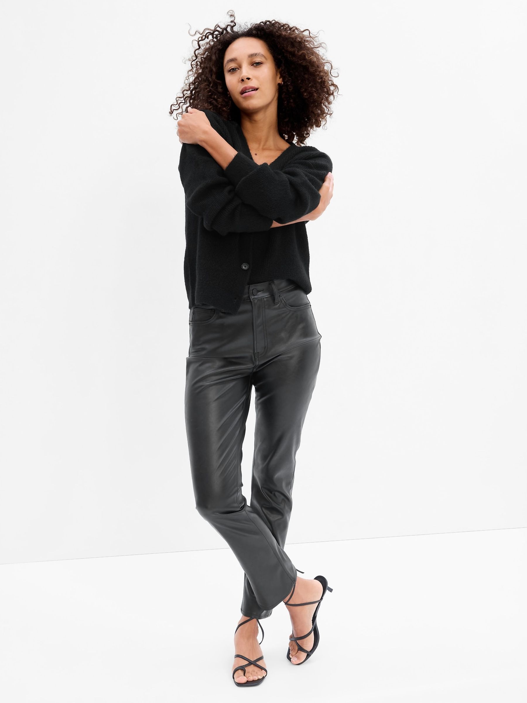 Black High Waisted Slim Faux-Leather Trousers - Image 1 of 6