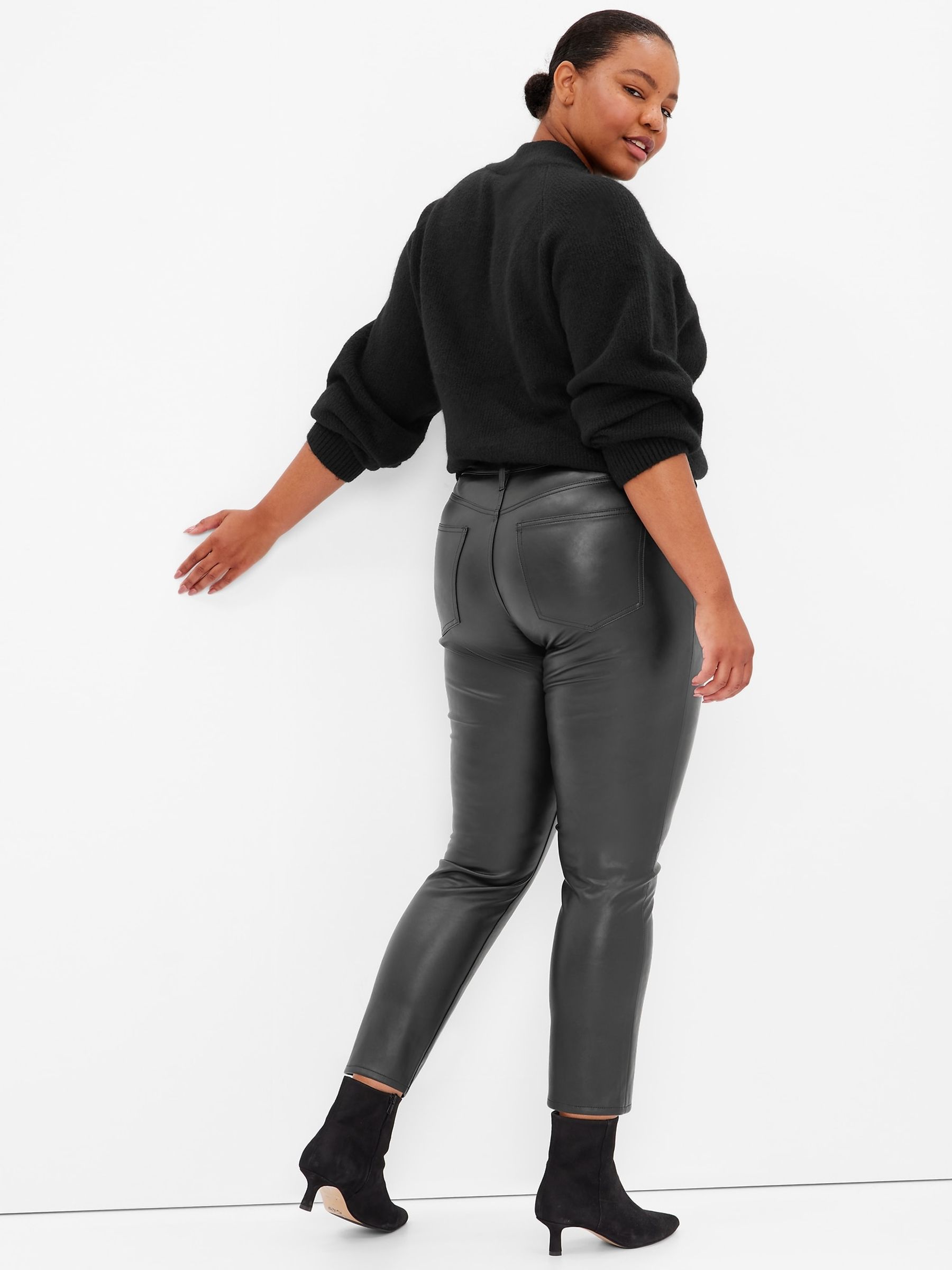 Black High Waisted Slim Faux-Leather Trousers - Image 4 of 6