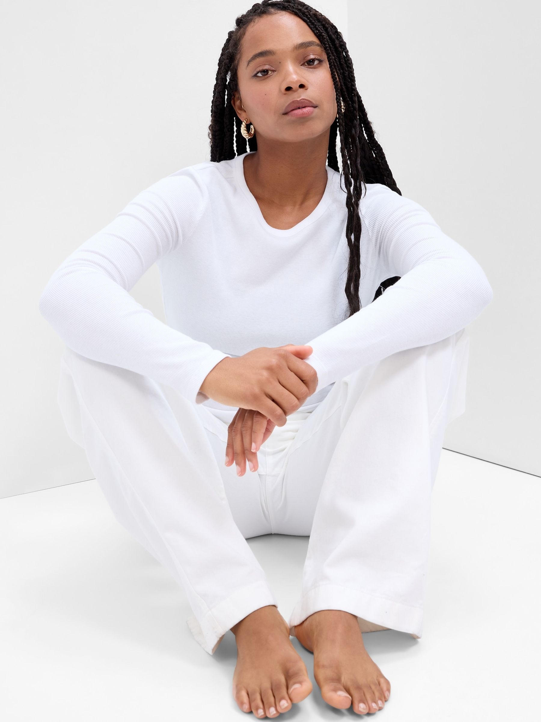 Pure White Ribbed Crew Neck Long Sleeve T-Shirt - Image 1 of 1 Pure White Ribbed Crew Neck Long Sleeve T-Shirt - Image 1 of 1