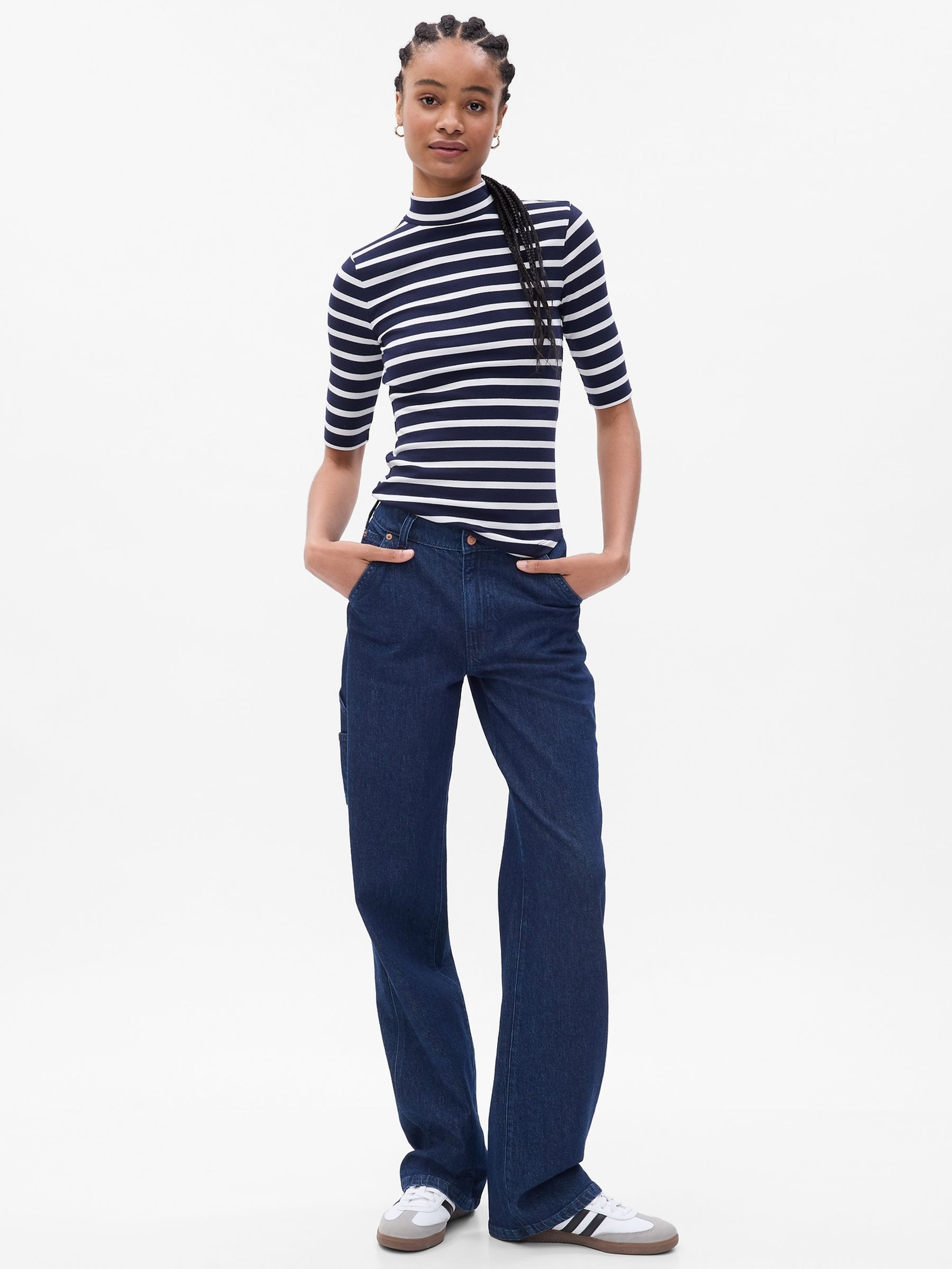 Navy/Blue Ribbed Stripe Short Sleeve Mock Neck T-Shirt - Image 1 of 2