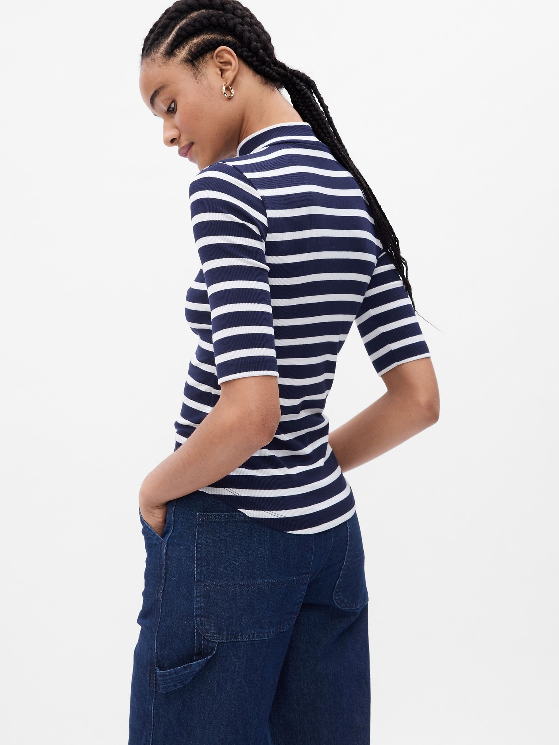 Navy/Blue Ribbed Stripe Short Sleeve Mock Neck T-Shirt - Image 2 of 2